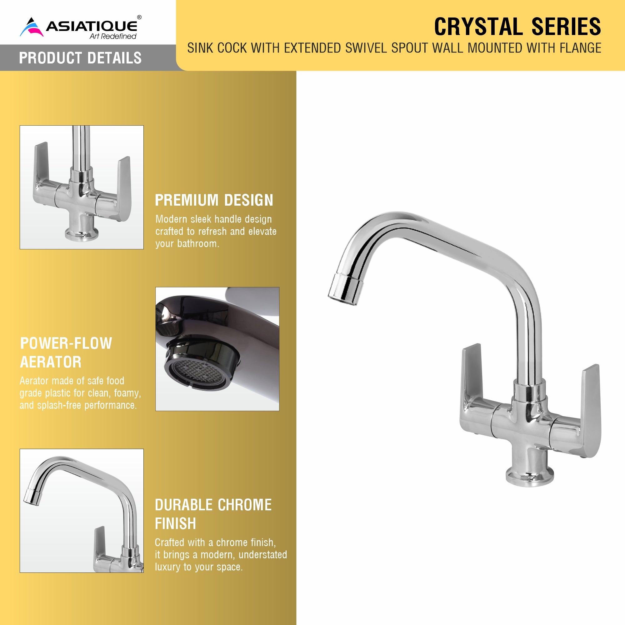 Asiatique C/H Basin Mixer With Extended Swivel Spout (C-011EX), Crystal Series Brass Faucet – Chrome Finish Bathroom & Kitchen Faucet with 15mm Cartridge