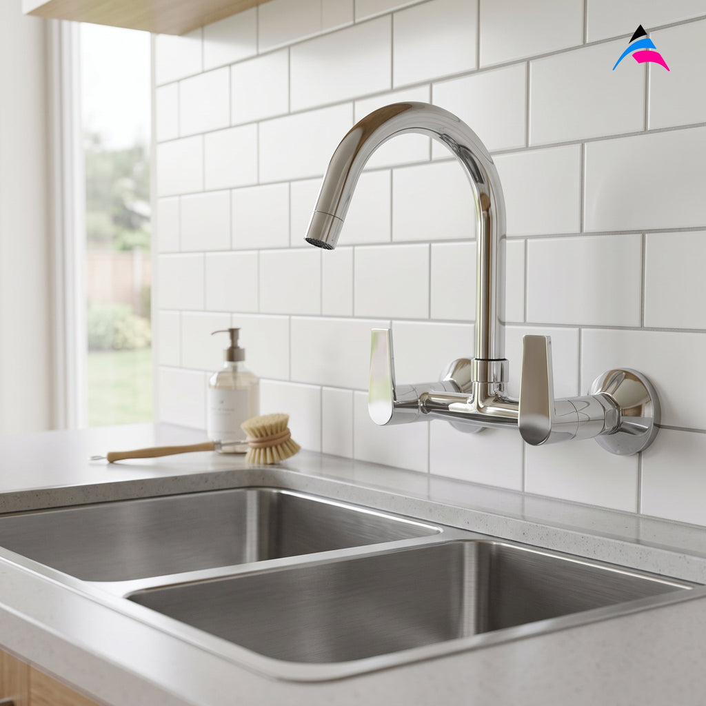 Asiatique Sink Mixer With Swivel ‘J’ Spout Wall Mounted (C-013), Crystal Series Brass Faucet – Chrome Finish Bathroom & Kitchen Faucet with 15mm Cartridge