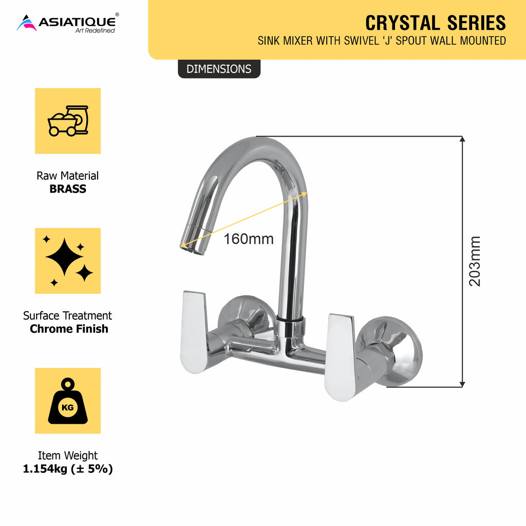 Asiatique Sink Mixer With Swivel ‘J’ Spout Wall Mounted (C-013), Crystal Series Brass Faucet – Chrome Finish Bathroom & Kitchen Faucet with 15mm Cartridge