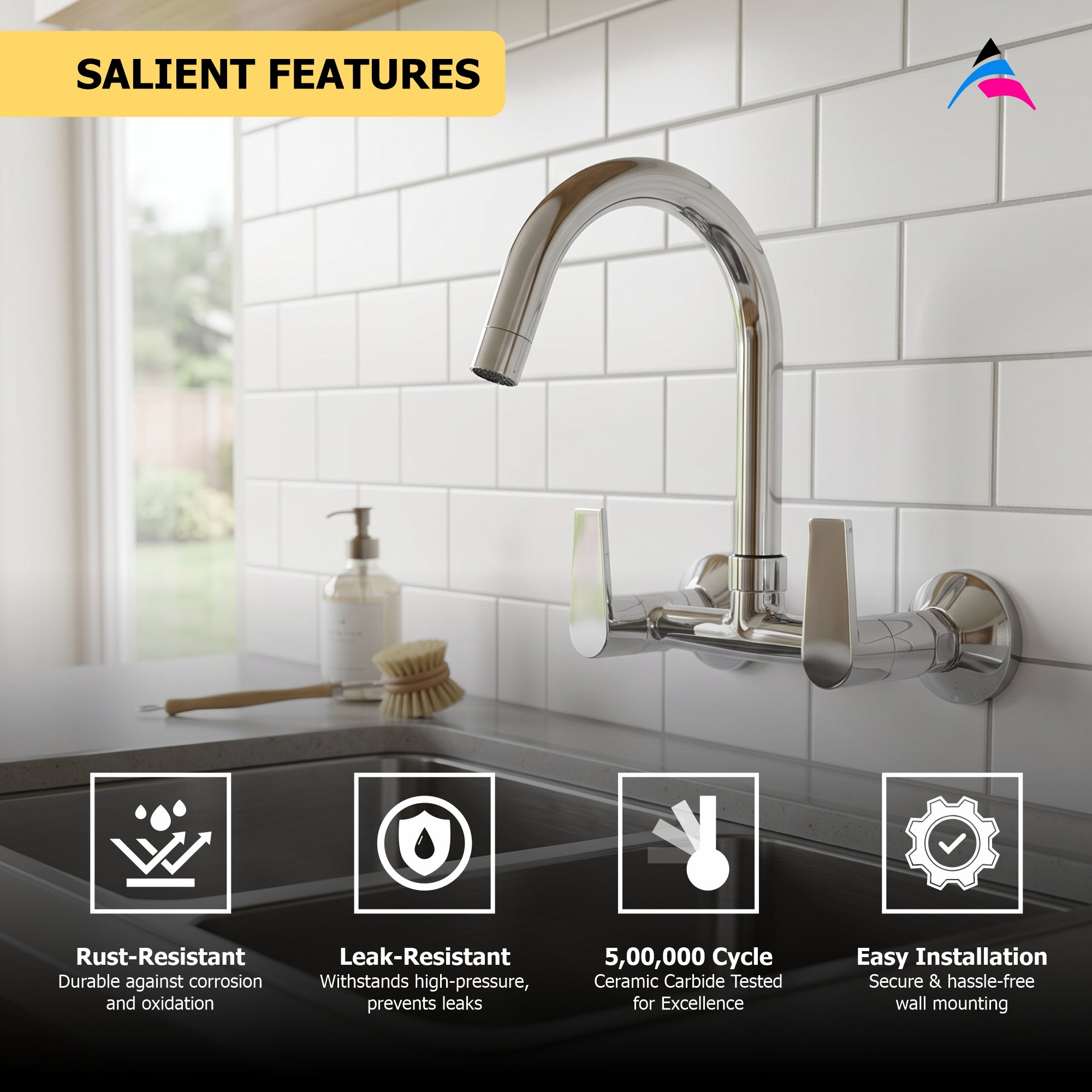 Asiatique Sink Mixer With Swivel ‘J’ Spout Wall Mounted (C-013), Crystal Series Brass Faucet – Chrome Finish Bathroom & Kitchen Faucet with 15mm Cartridge