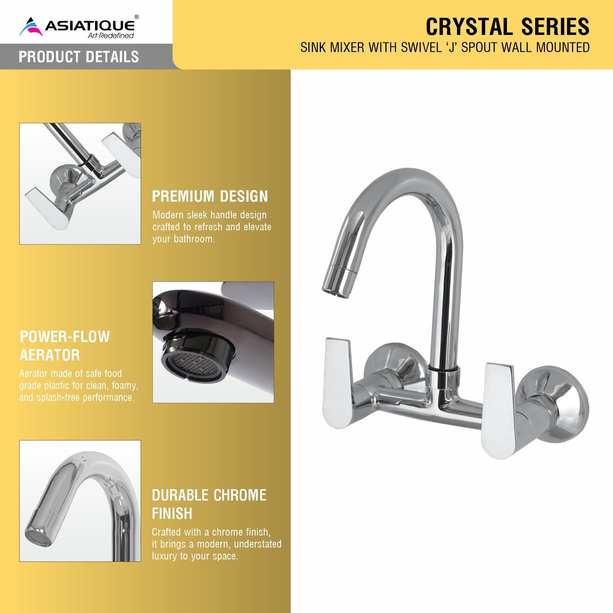 Asiatique Sink Mixer With Swivel ‘J’ Spout Wall Mounted (C-013), Crystal Series Brass Faucet – Chrome Finish Bathroom & Kitchen Faucet with 15mm Cartridge