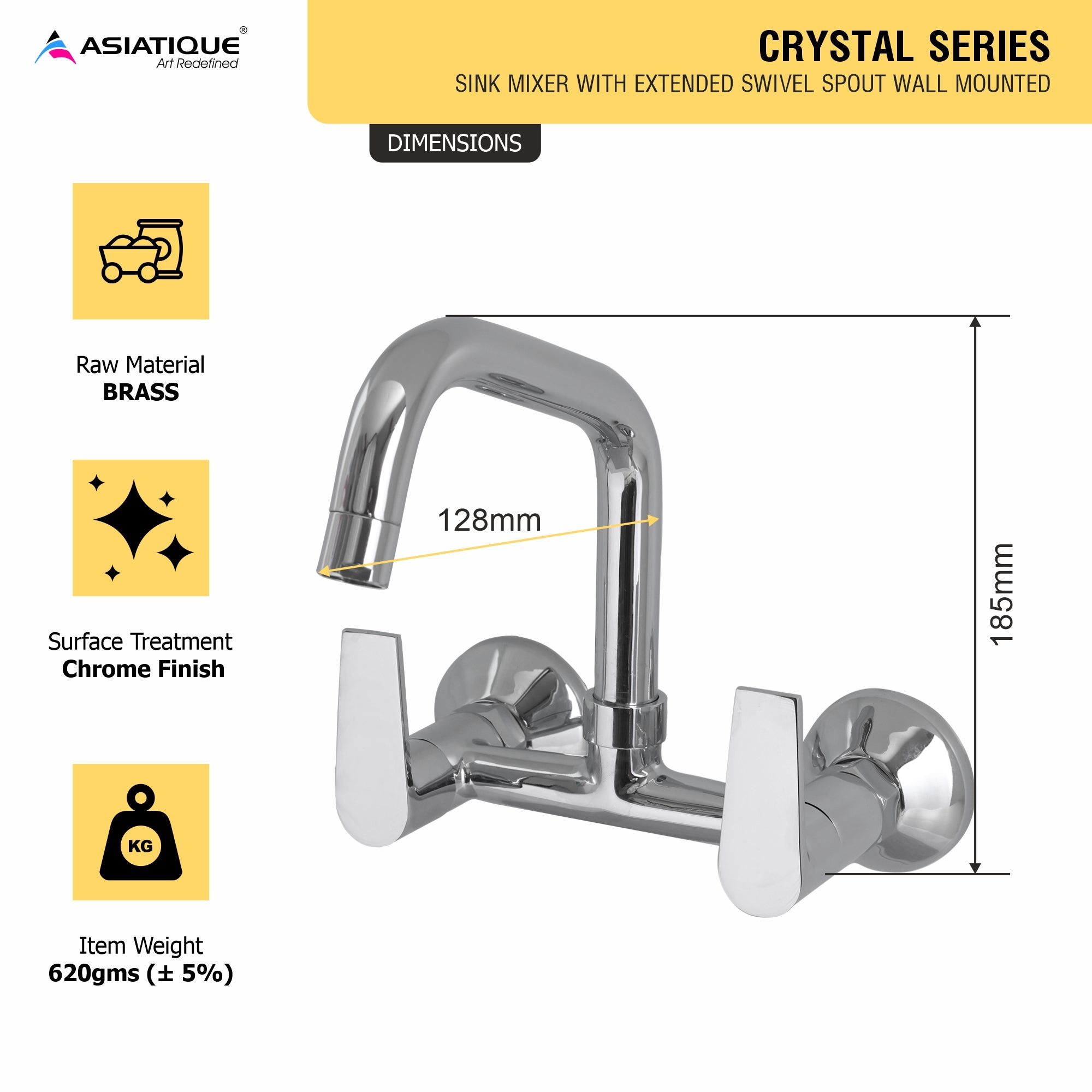 Asiatique Sink Mixer With Extended Swivel Spout Wall Mounted (C-013EX), Crystal Series Brass Faucet – Chrome Finish Bathroom & Kitchen Faucet with 15mm Cartridge