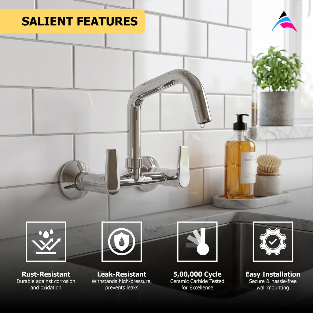 Asiatique Sink Mixer With Extended Swivel Spout Wall Mounted (C-013EX), Crystal Series Brass Faucet – Chrome Finish Bathroom & Kitchen Faucet with 15mm Cartridge