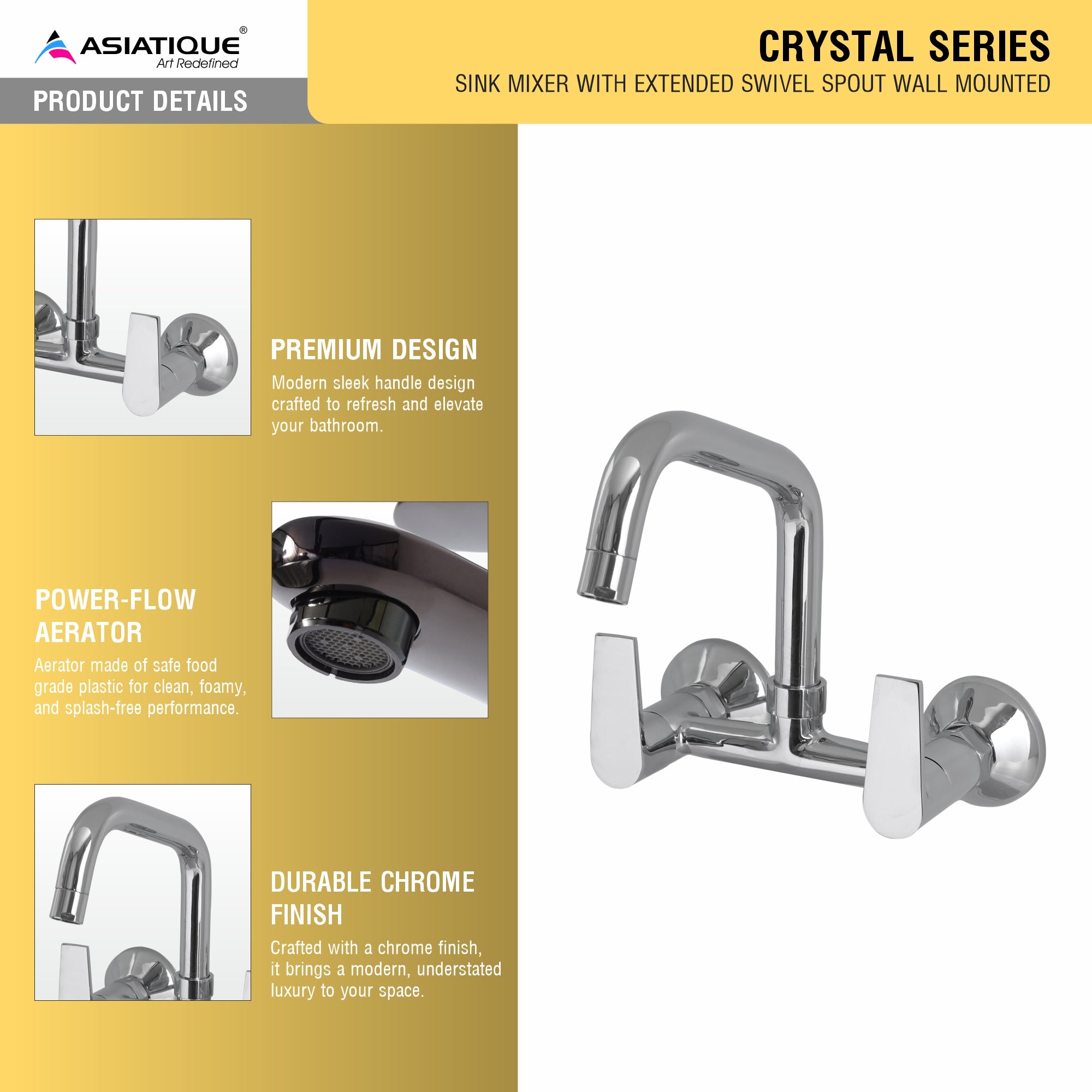 Asiatique Sink Mixer With Extended Swivel Spout Wall Mounted (C-013EX), Crystal Series Brass Faucet – Chrome Finish Bathroom & Kitchen Faucet with 15mm Cartridge