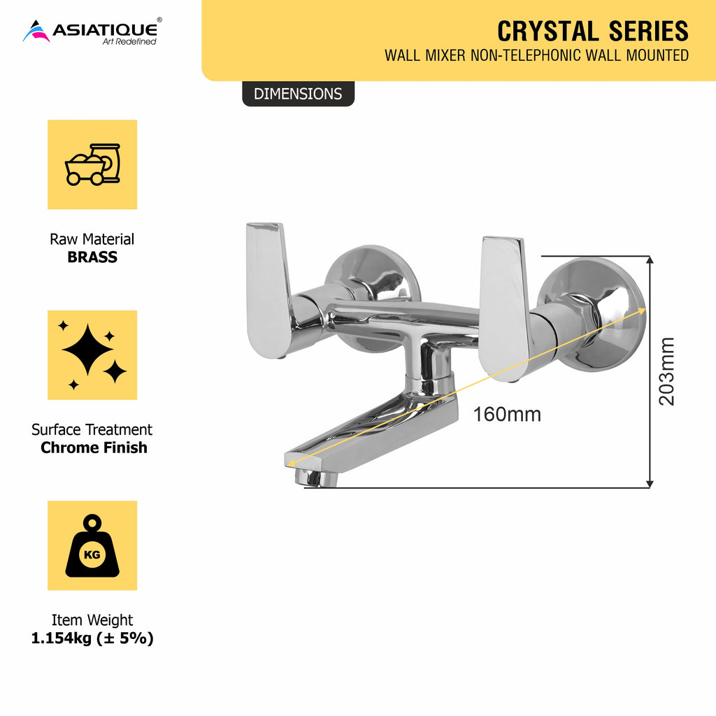 Asiatique Wall Mixer Non-Telephonic Wall Mounted (C-014), Crystal Series Brass Faucet – Chrome Finish Bathroom & Kitchen Faucet with 15mm Cartridge