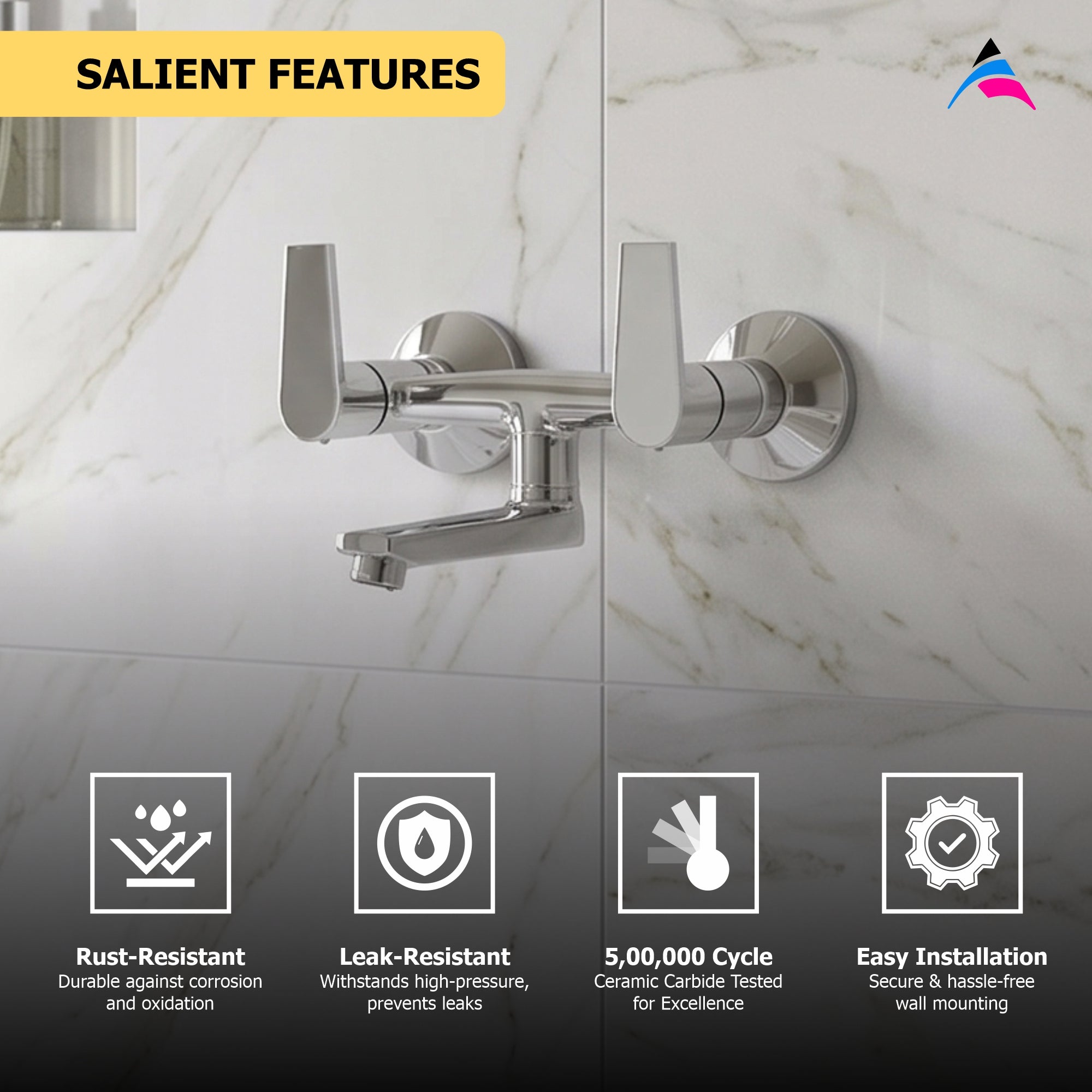 Asiatique Wall Mixer Non-Telephonic Wall Mounted (C-014), Crystal Series Brass Faucet – Chrome Finish Bathroom & Kitchen Faucet with 15mm Cartridge