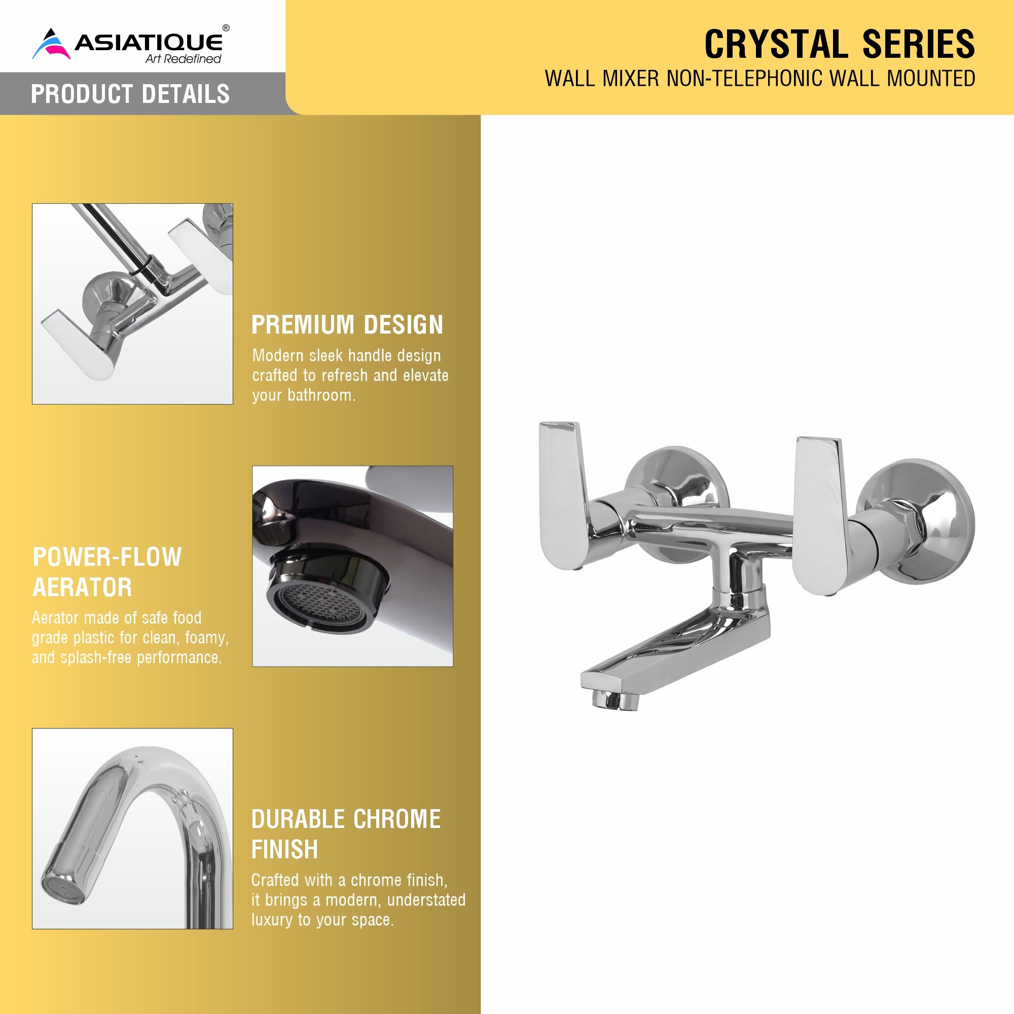 Asiatique Wall Mixer Non-Telephonic Wall Mounted (C-014), Crystal Series Brass Faucet – Chrome Finish Bathroom & Kitchen Faucet with 15mm Cartridge