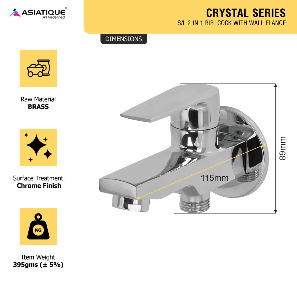 Asiatique S/L 2 in 1 Bib Cock With Wall Flange (C-015 S/L), Crystal Series Brass Faucet – Chrome Finish Bathroom & Kitchen Faucet with 15mm Cartridge