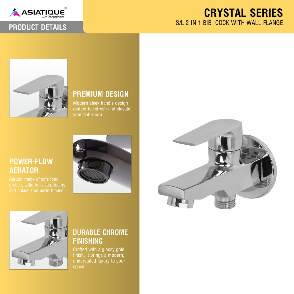 Asiatique S/L 2 in 1 Bib Cock With Wall Flange (C-015 S/L), Crystal Series Brass Faucet – Chrome Finish Bathroom & Kitchen Faucet with 15mm Cartridge