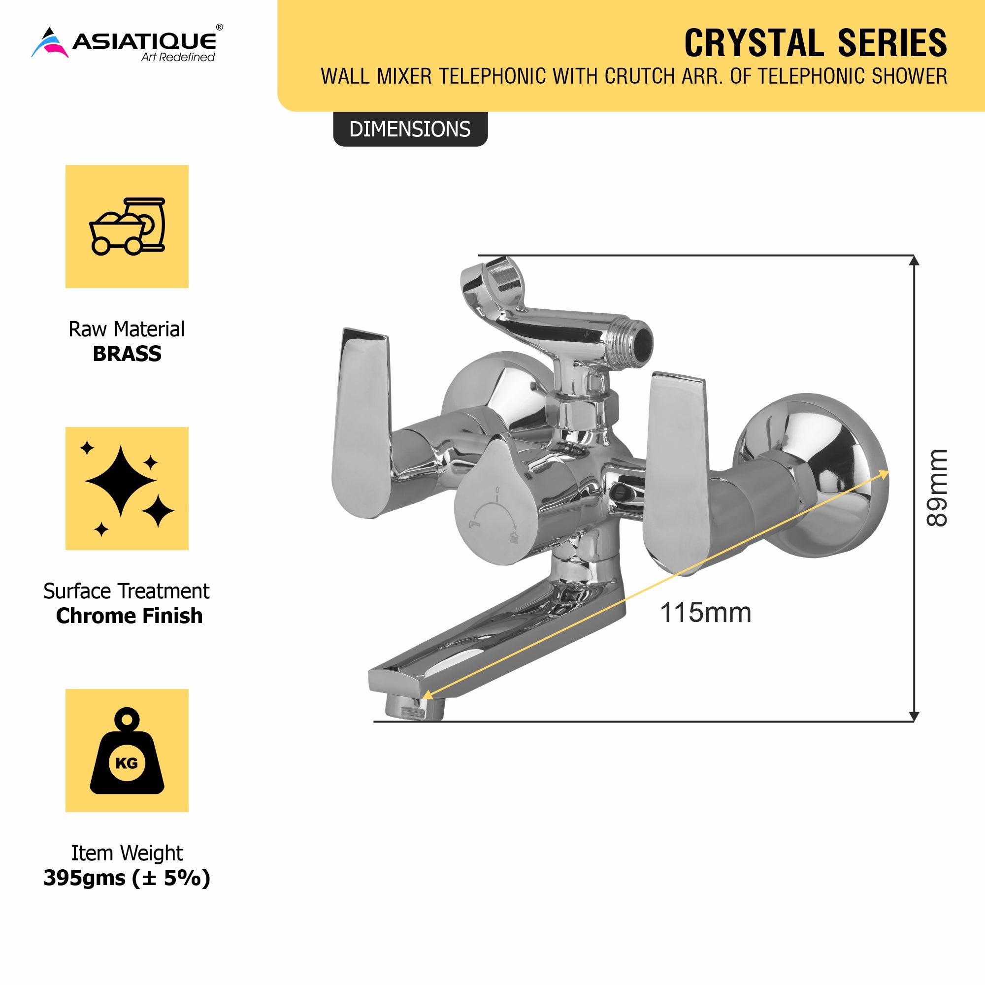 Asiatique Wall Mixer Telephonic With Crutch ARR. Of Tele. Shower (C-016), Crystal Series Brass Faucet – Chrome Finish Bathroom & Kitchen Faucet with 15mm Cartridge