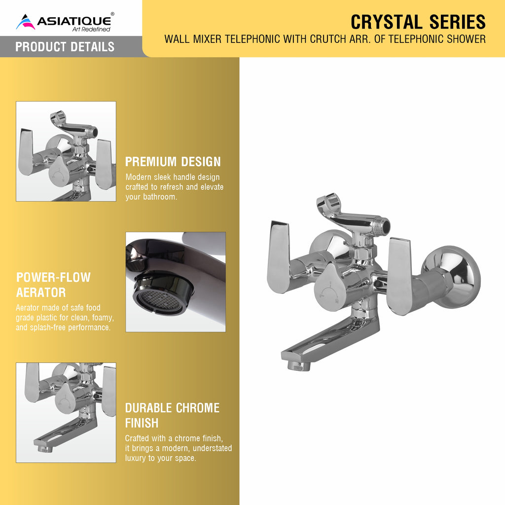 Asiatique Wall Mixer Telephonic With Crutch ARR. Of Tele. Shower (C-016), Crystal Series Brass Faucet – Chrome Finish Bathroom & Kitchen Faucet with 15mm Cartridge