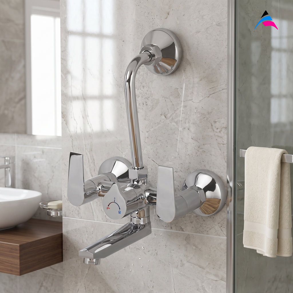 Asiatique Wall Mixer Telephonic With ‘L’ Bend for ARR. Of O/H Shower (C-017), Crystal Series Brass Faucet – Chrome Finish Bathroom & Kitchen Faucet with 15mm Cartridge