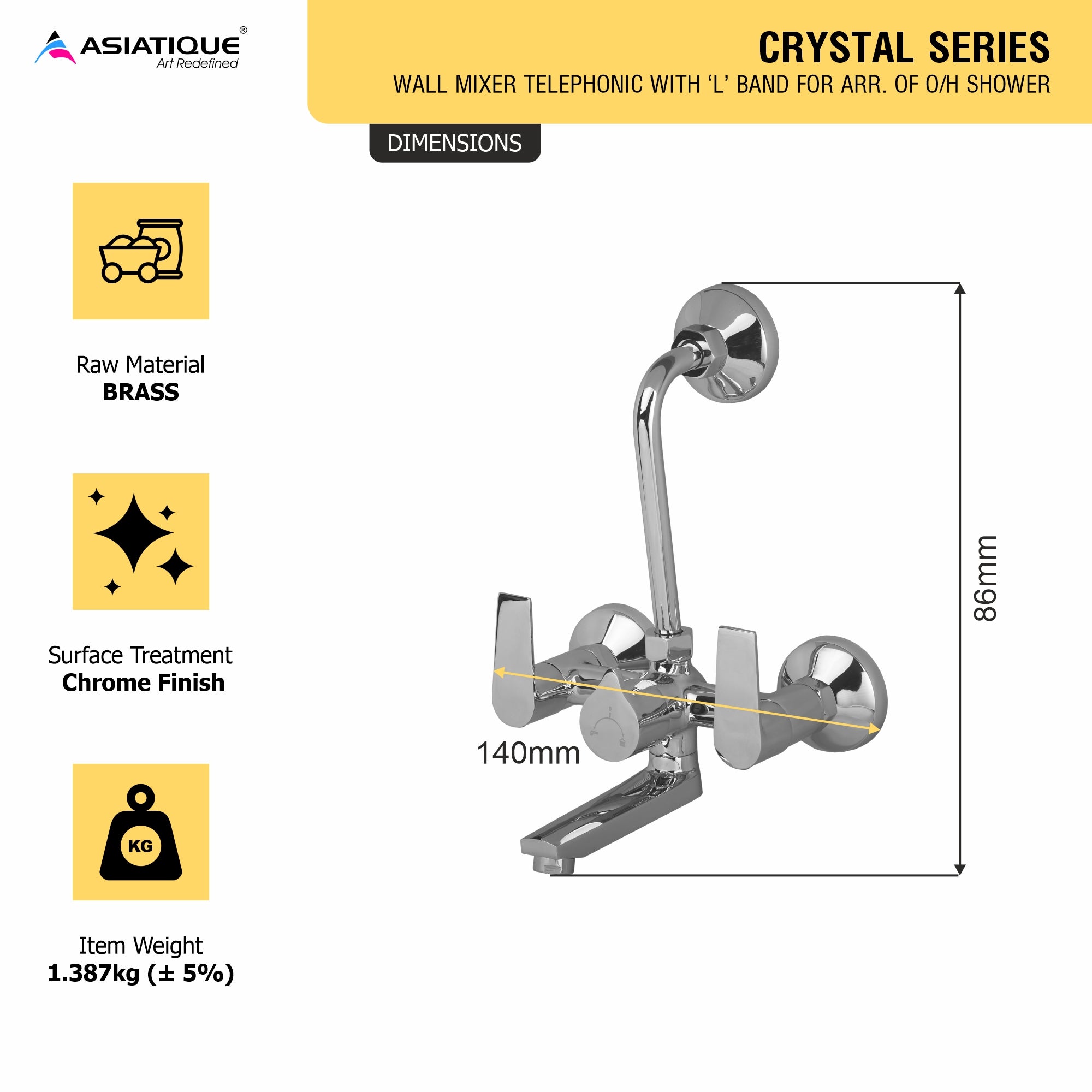 Asiatique Wall Mixer Telephonic With ‘L’ Bend for ARR. Of O/H Shower (C-017), Crystal Series Brass Faucet – Chrome Finish Bathroom & Kitchen Faucet with 15mm Cartridge