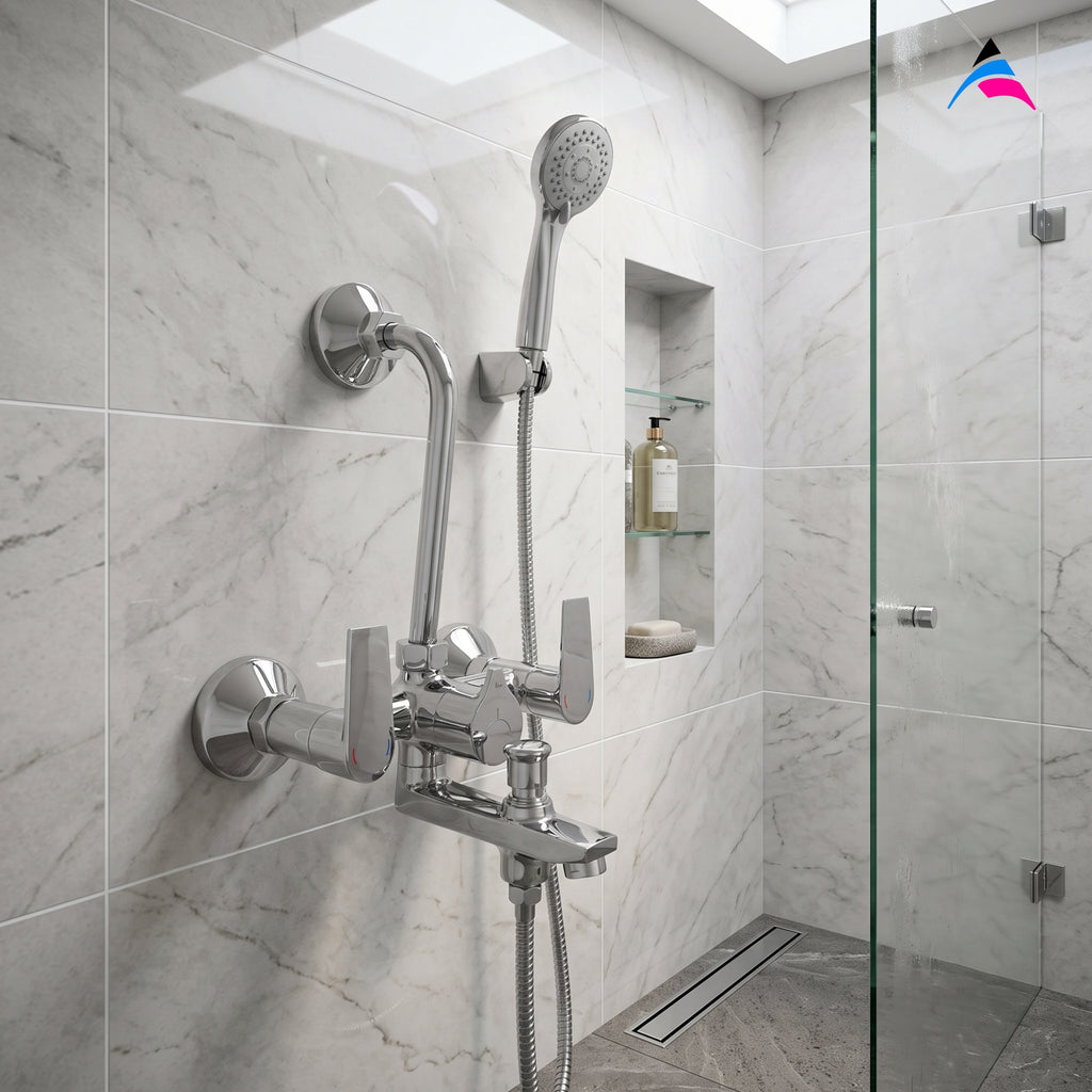 Asiatique 3 in 1 Wall Mixer With Pro. For Tele. Shower & O/H Shower (C-018), Crystal Series Brass Faucet – Chrome Finish Bathroom & Kitchen Faucet with 15mm Cartridge