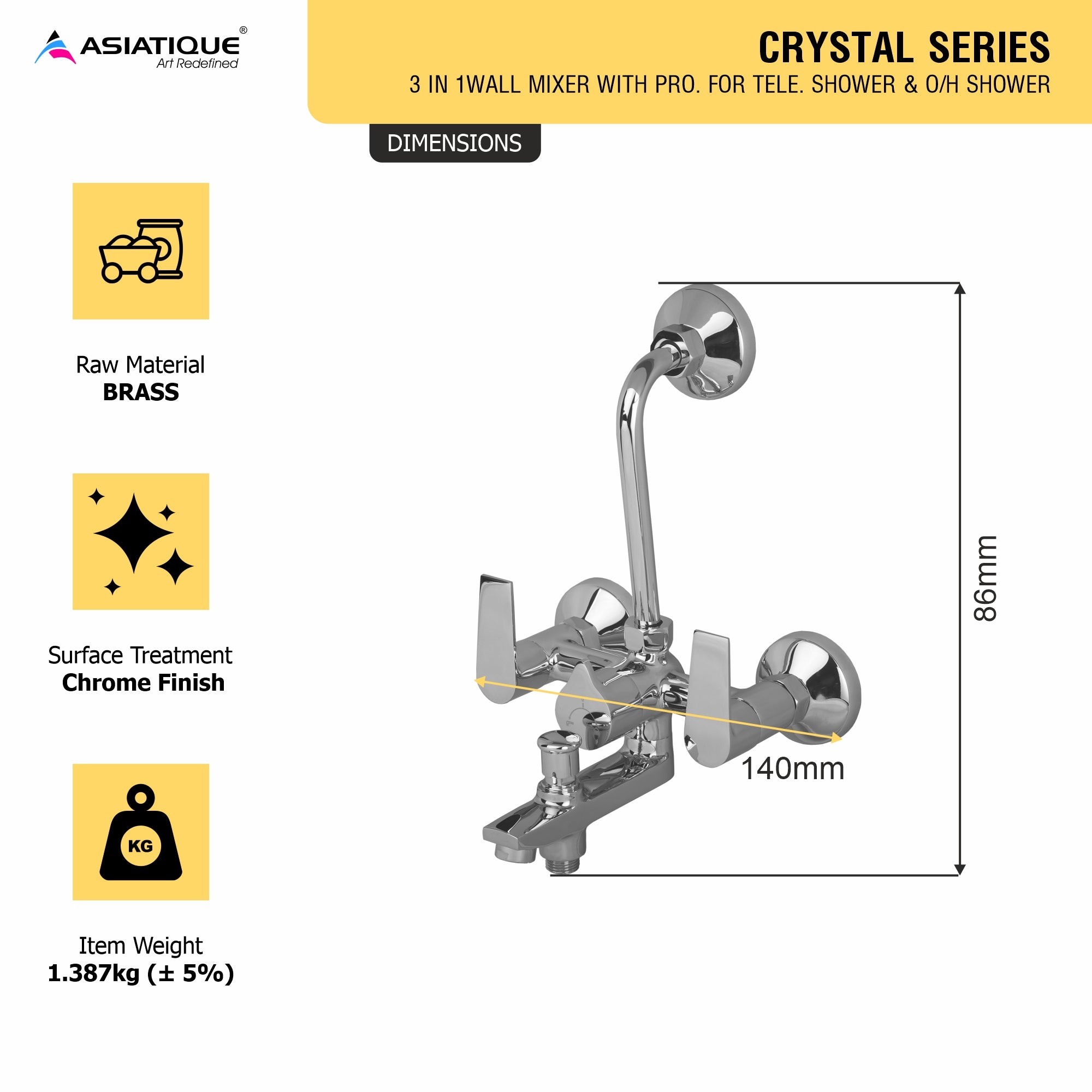 Asiatique 3 in 1 Wall Mixer With Pro. For Tele. Shower & O/H Shower (C-018), Crystal Series Brass Faucet – Chrome Finish Bathroom & Kitchen Faucet with 15mm Cartridge
