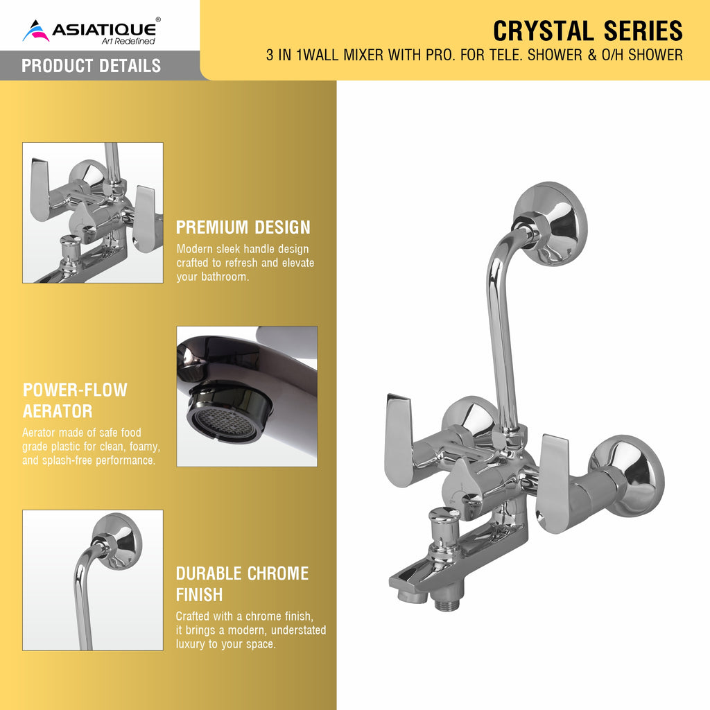 Asiatique 3 in 1 Wall Mixer With Pro. For Tele. Shower & O/H Shower (C-018), Crystal Series Brass Faucet – Chrome Finish Bathroom & Kitchen Faucet with 15mm Cartridge
