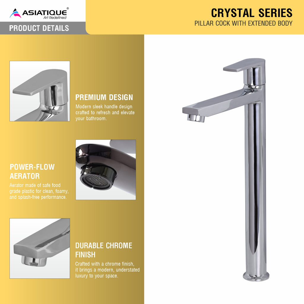 Asiatique Pillar Cock Extension Body (C-023), Crystal Series Brass Faucet – Chrome Finish Bathroom & Kitchen Faucet with 15mm Cartridge