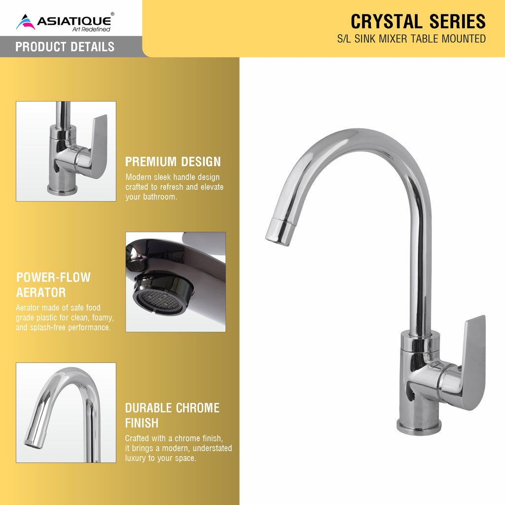 Asiatique S/L Sink Mixer Table Mounted (C-027), Crystal Series Brass Faucet – Chrome Finish Bathroom & Kitchen Faucet with 15mm Cartridge