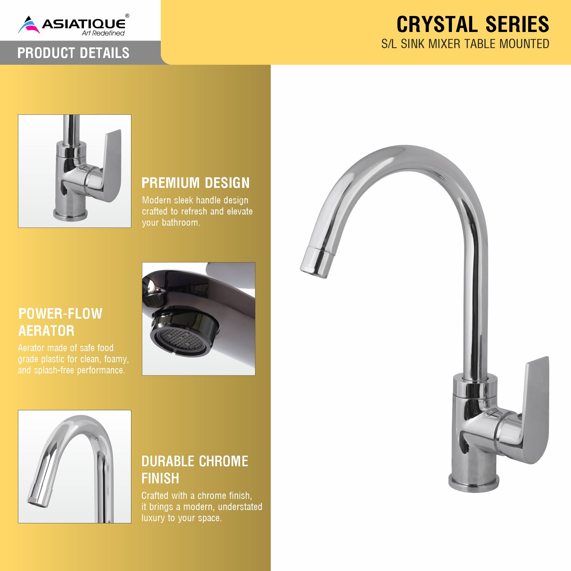 Asiatique S/L Sink Mixer Table Mounted (C-027), Crystal Series Brass Faucet – Chrome Finish Bathroom & Kitchen Faucet with 15mm Cartridge