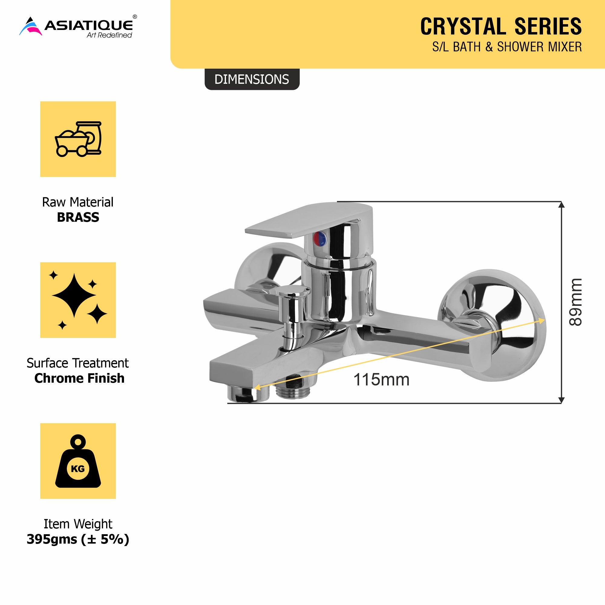 Asiatique S/L Bath & Shower Mixer (C-030), Crystal Series Brass Faucet – Chrome Finish Bathroom & Kitchen Faucet with 15mm Cartridge
