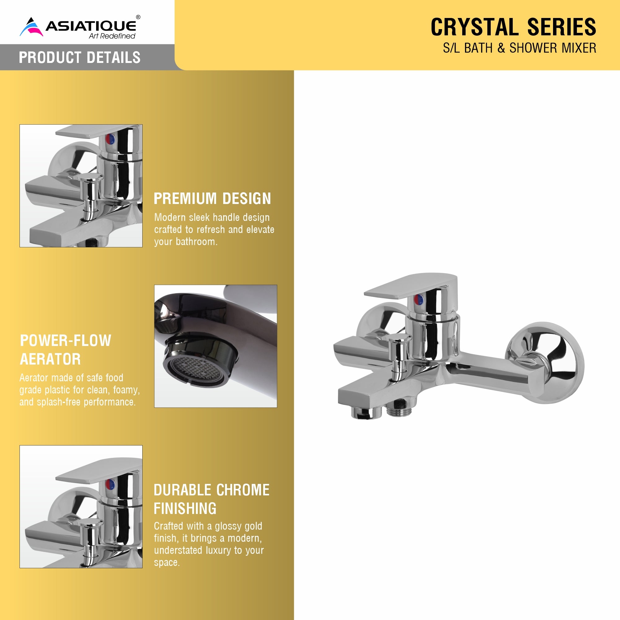 Asiatique S/L Bath & Shower Mixer (C-030), Crystal Series Brass Faucet – Chrome Finish Bathroom & Kitchen Faucet with 15mm Cartridge