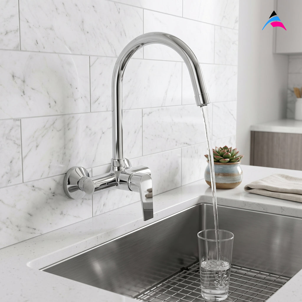 Asiatique S/L Sink Mixer Wall Mounted (C-031), Crystal Series Brass Faucet – Chrome Finish Bathroom & Kitchen Faucet with 15mm Cartridge