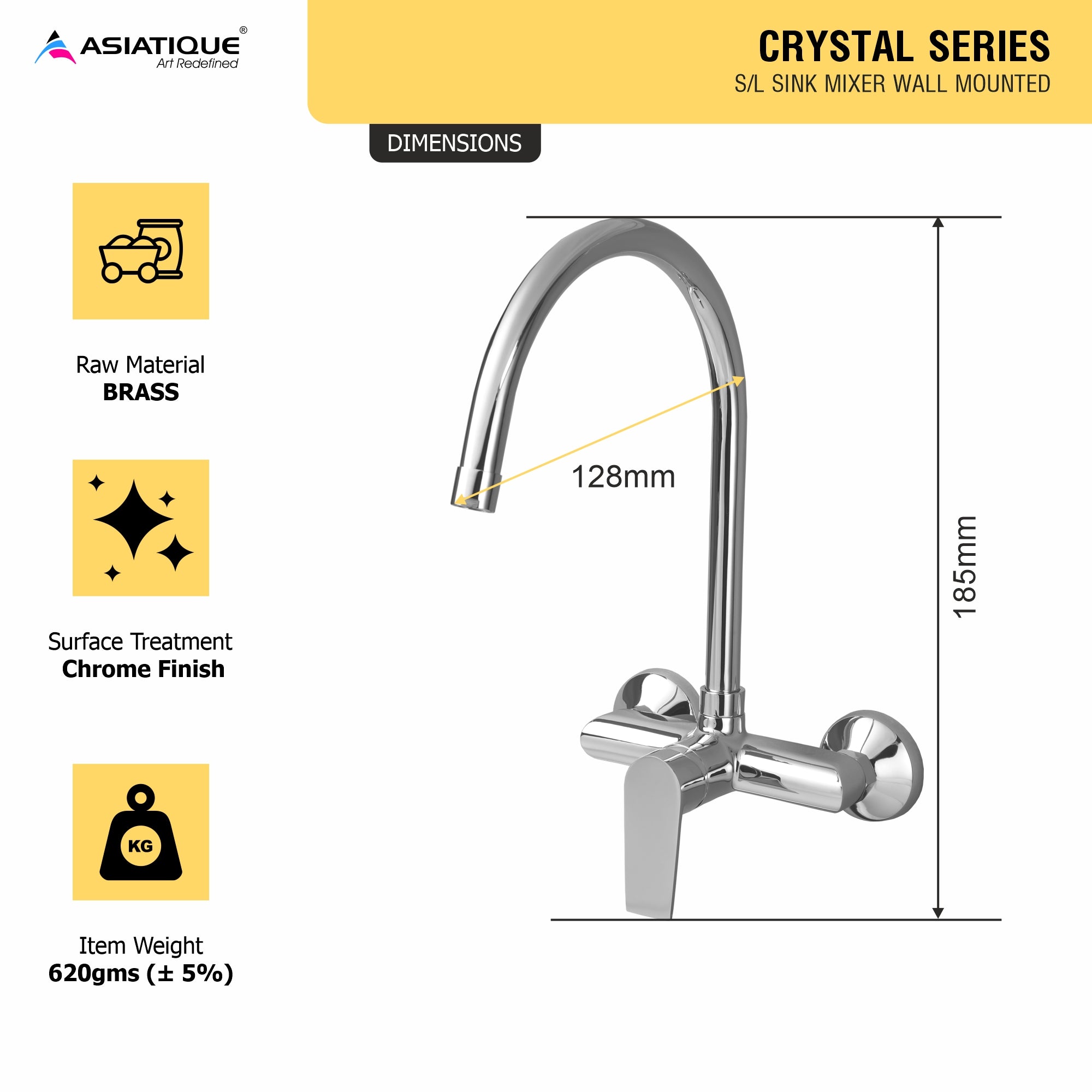 Asiatique S/L Sink Mixer Wall Mounted (C-031), Crystal Series Brass Faucet – Chrome Finish Bathroom & Kitchen Faucet with 15mm Cartridge