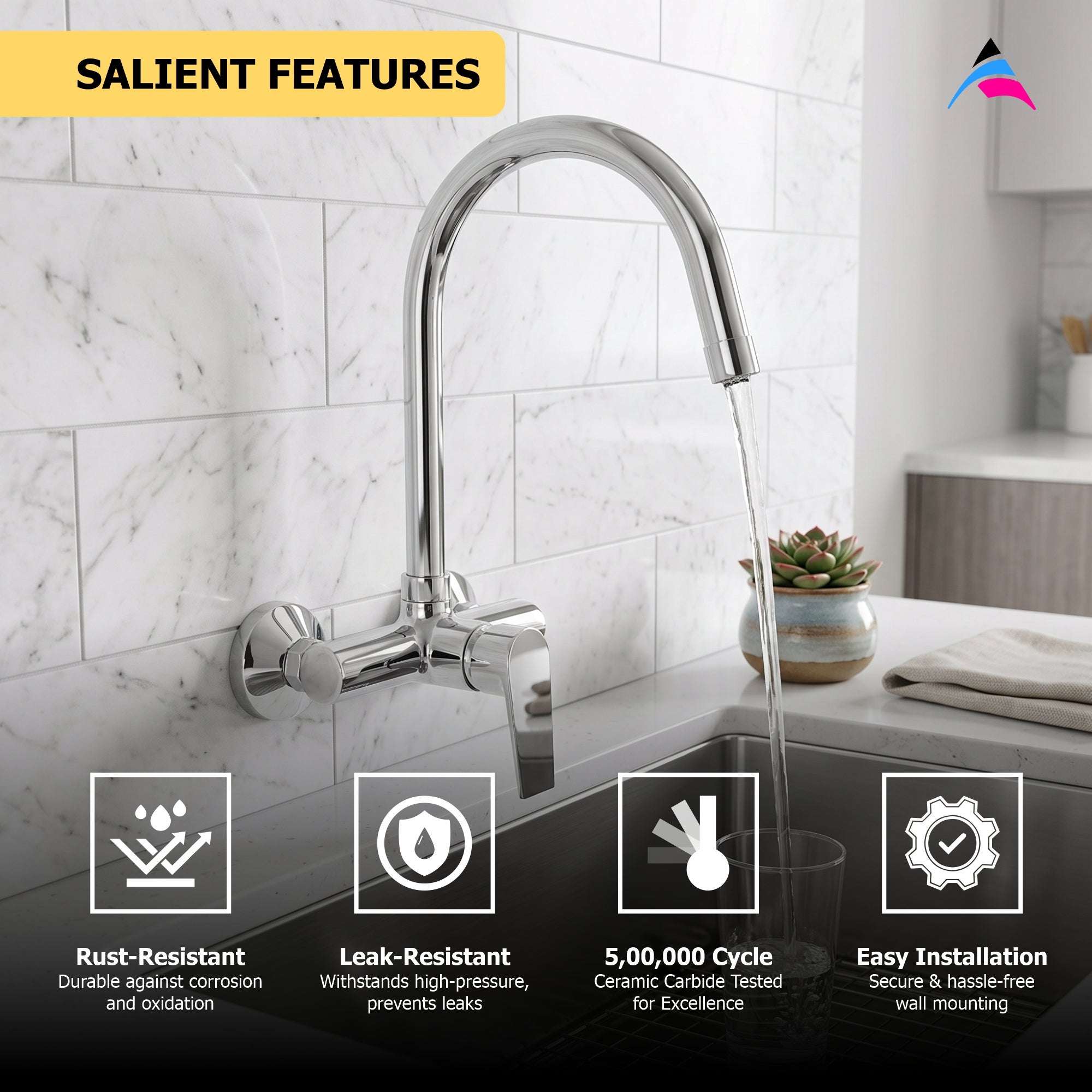 Asiatique S/L Sink Mixer Wall Mounted (C-031), Crystal Series Brass Faucet – Chrome Finish Bathroom & Kitchen Faucet with 15mm Cartridge
