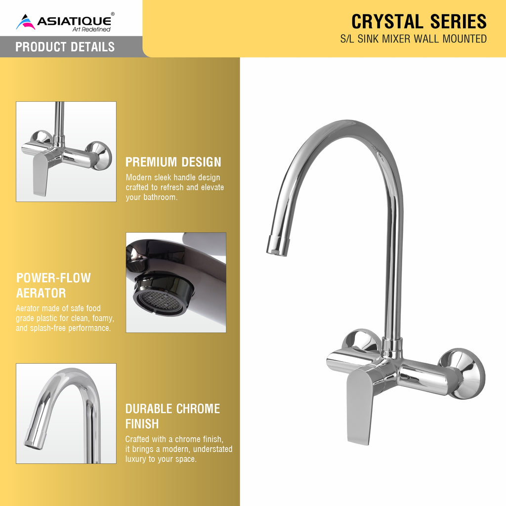 Asiatique S/L Sink Mixer Wall Mounted (C-031), Crystal Series Brass Faucet – Chrome Finish Bathroom & Kitchen Faucet with 15mm Cartridge