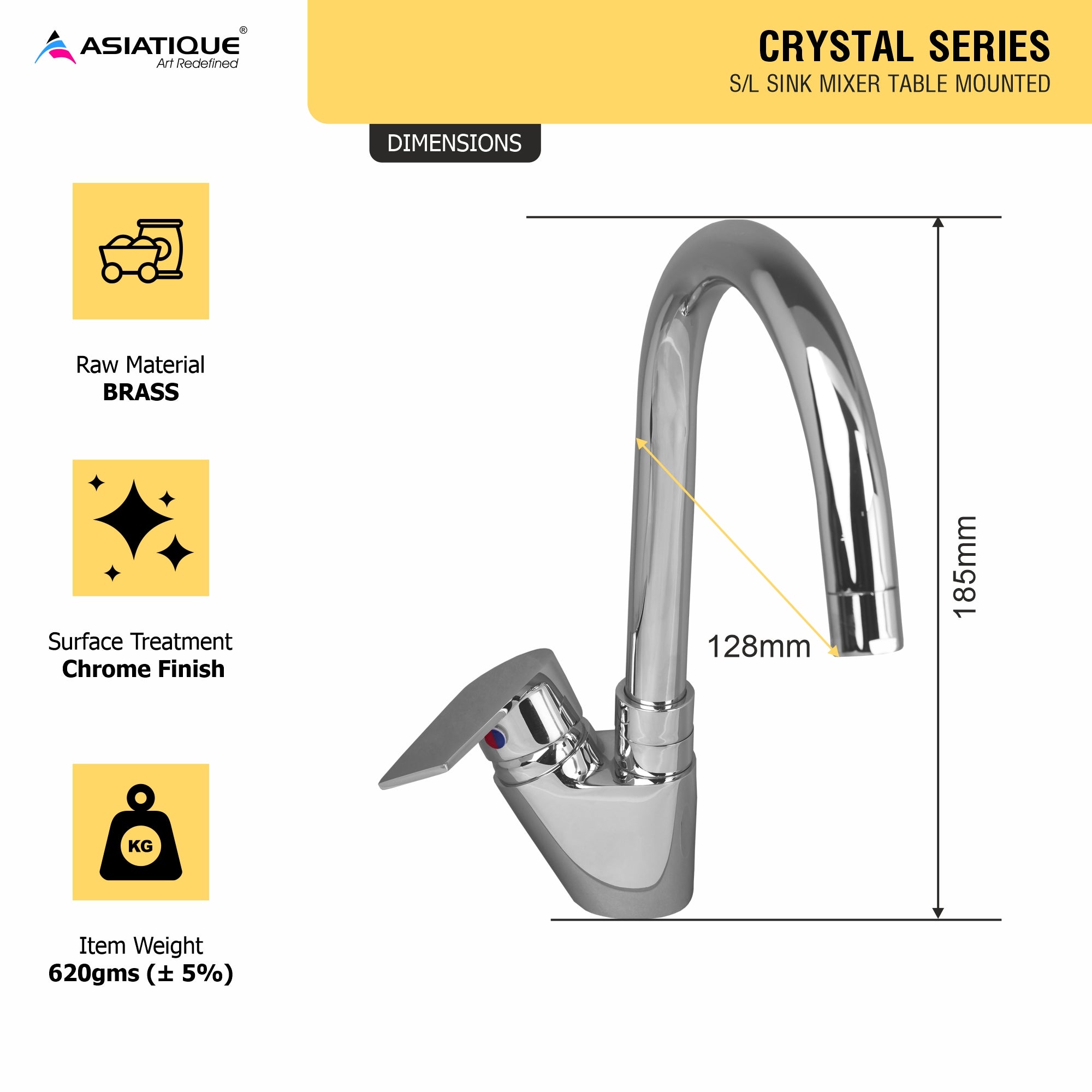 Asiatique S/L Basin Mixer Table Mounted (C-032), Crystal Series Brass Faucet – Chrome Finish Bathroom & Kitchen Faucet with 15mm Cartridge