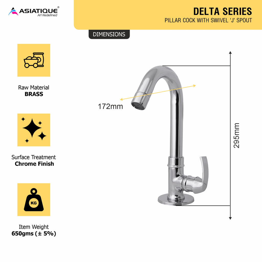 Asiatique Pillar Cock With Swivel 'j' Spout  (D-002), Delta Series Premium Brass Bathroom & Kitchen Faucets