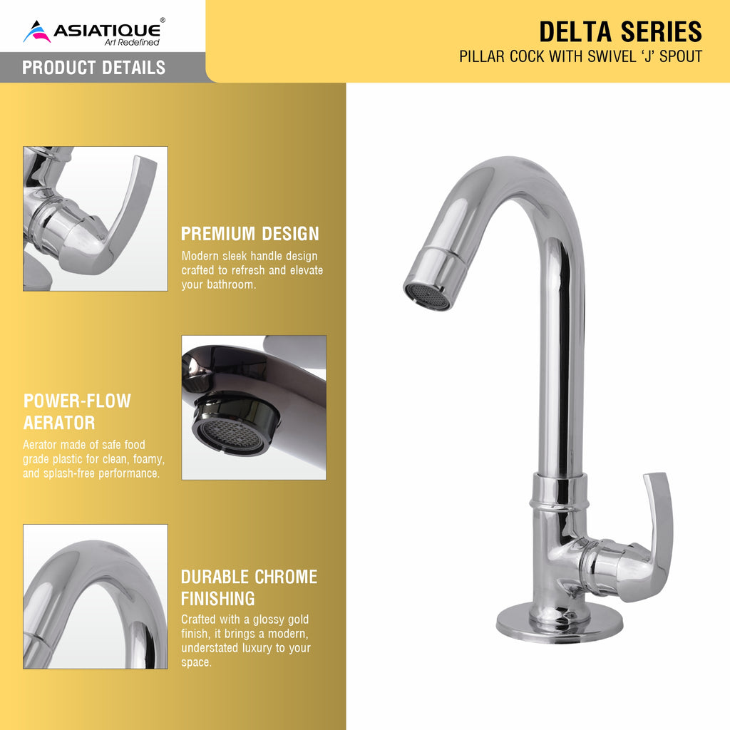 Asiatique Pillar Cock With Swivel 'j' Spout  (D-002), Delta Series Premium Brass Bathroom & Kitchen Faucets