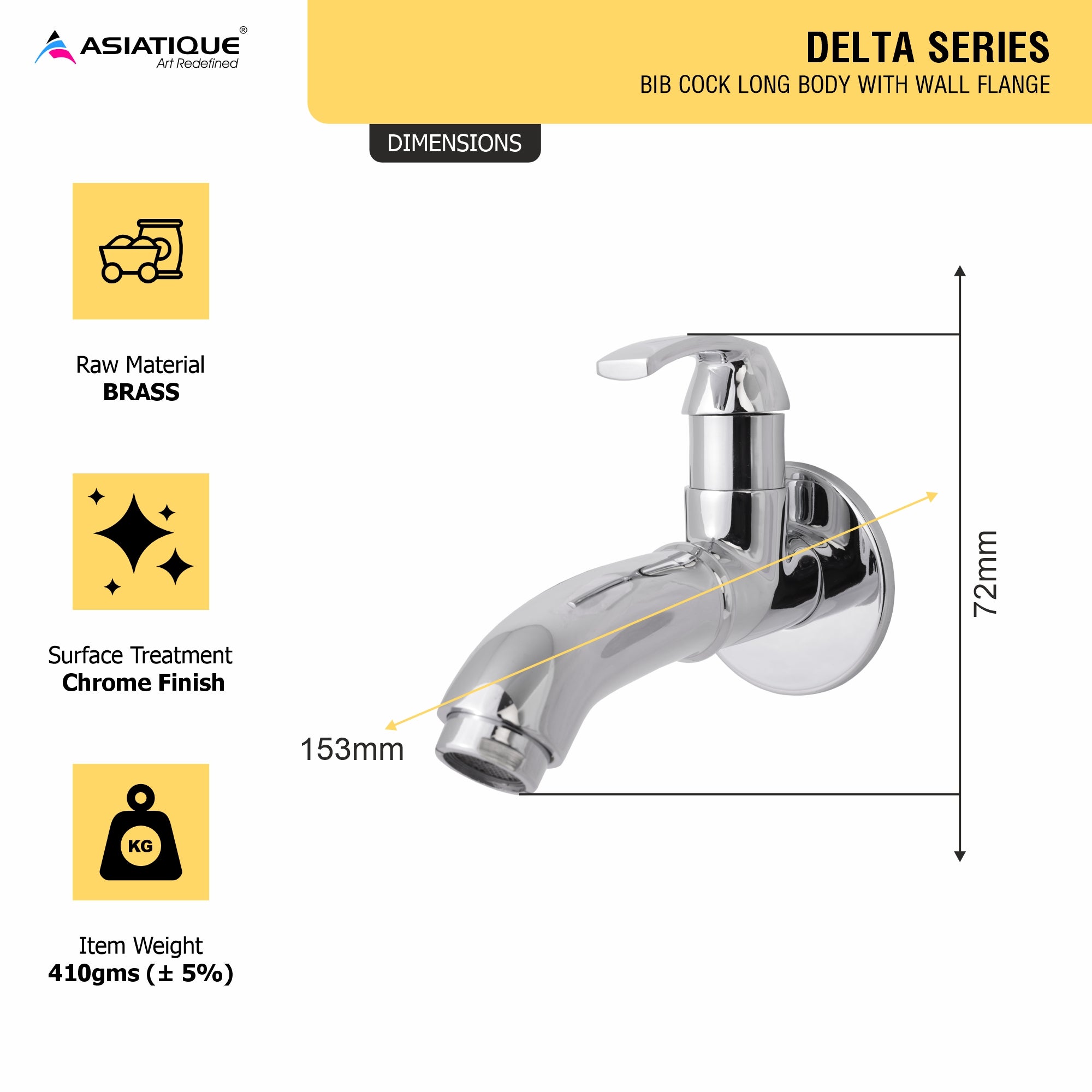 Asiatique  Bib Cock Long Body With Wall Flange (D-004), Delta Series Premium Brass Bathroom & Kitchen Faucets