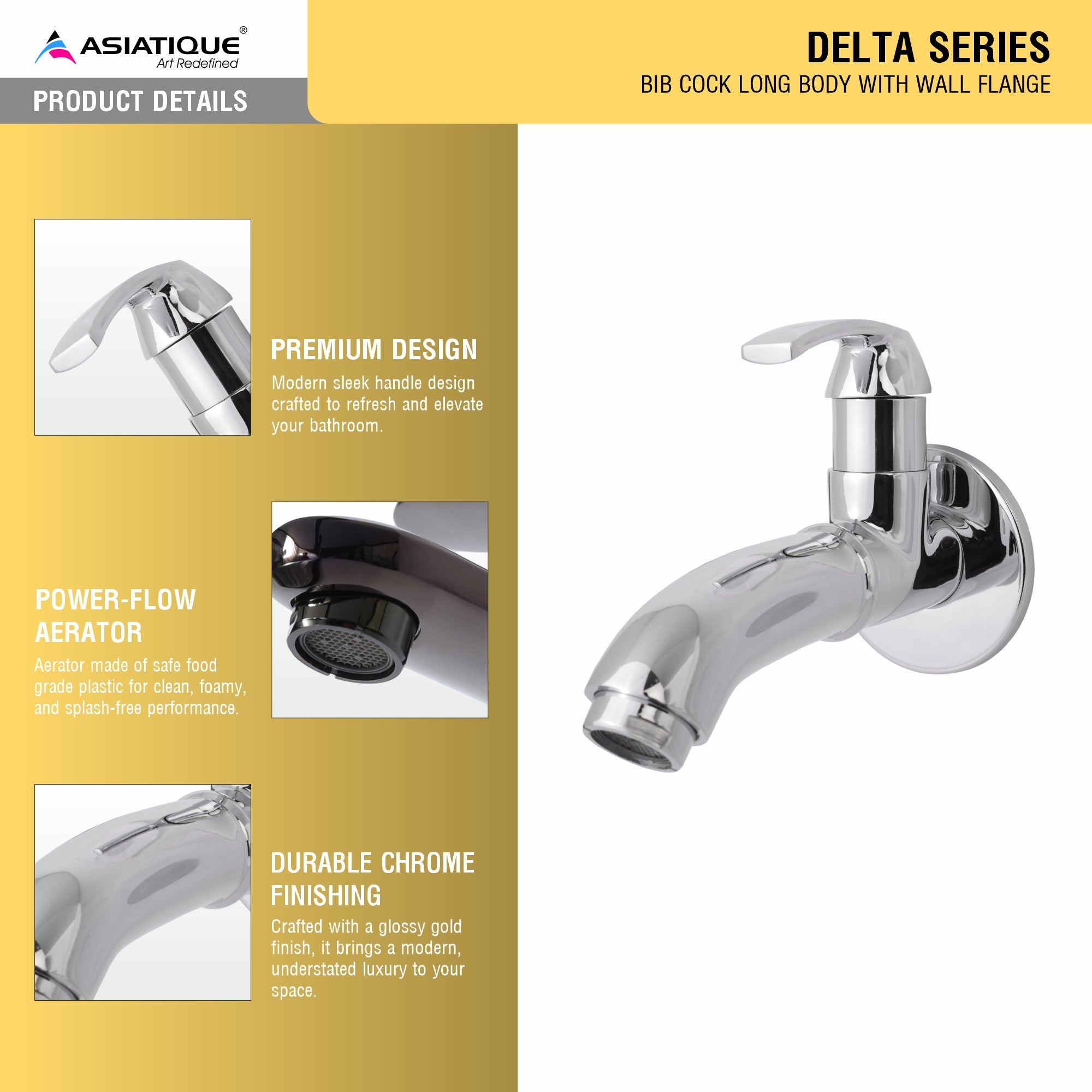 Asiatique  Bib Cock Long Body With Wall Flange (D-004), Delta Series Premium Brass Bathroom & Kitchen Faucets