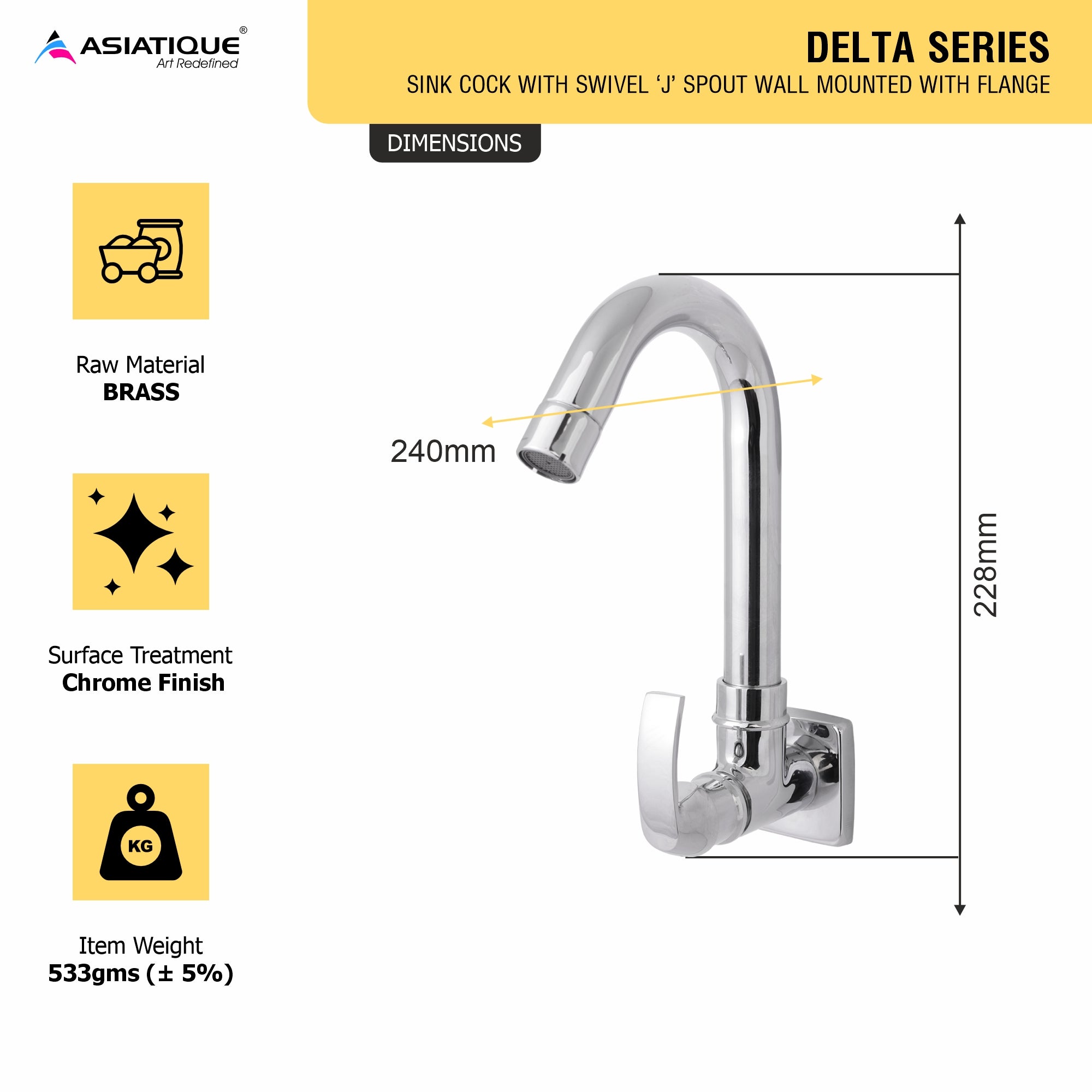 Asiatique S/L Sink Cock with Swivel 'j' Spout Wall Mounted With Flange   (D-008), Delta Series Premium Brass Bathroom & Kitchen Faucets