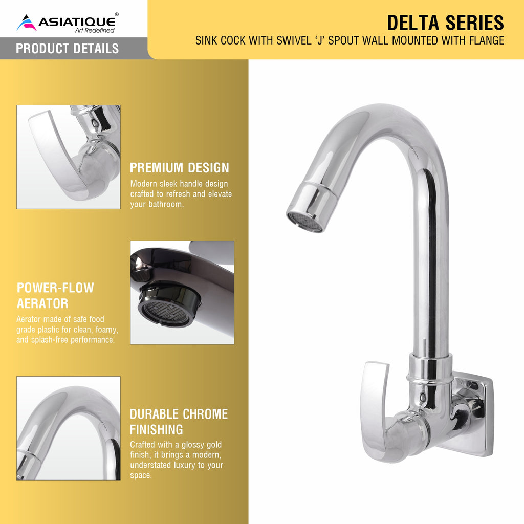Asiatique S/L Sink Cock with Swivel 'j' Spout Wall Mounted With Flange   (D-008), Delta Series Premium Brass Bathroom & Kitchen Faucets