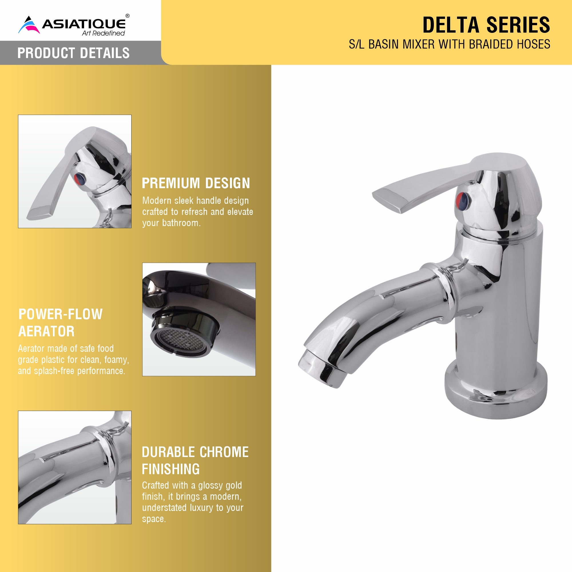 Asiatique S/L Basin Mixer with  Braided Hoses (D-009), Delta Series Premium Brass Bathroom & Kitchen Faucets