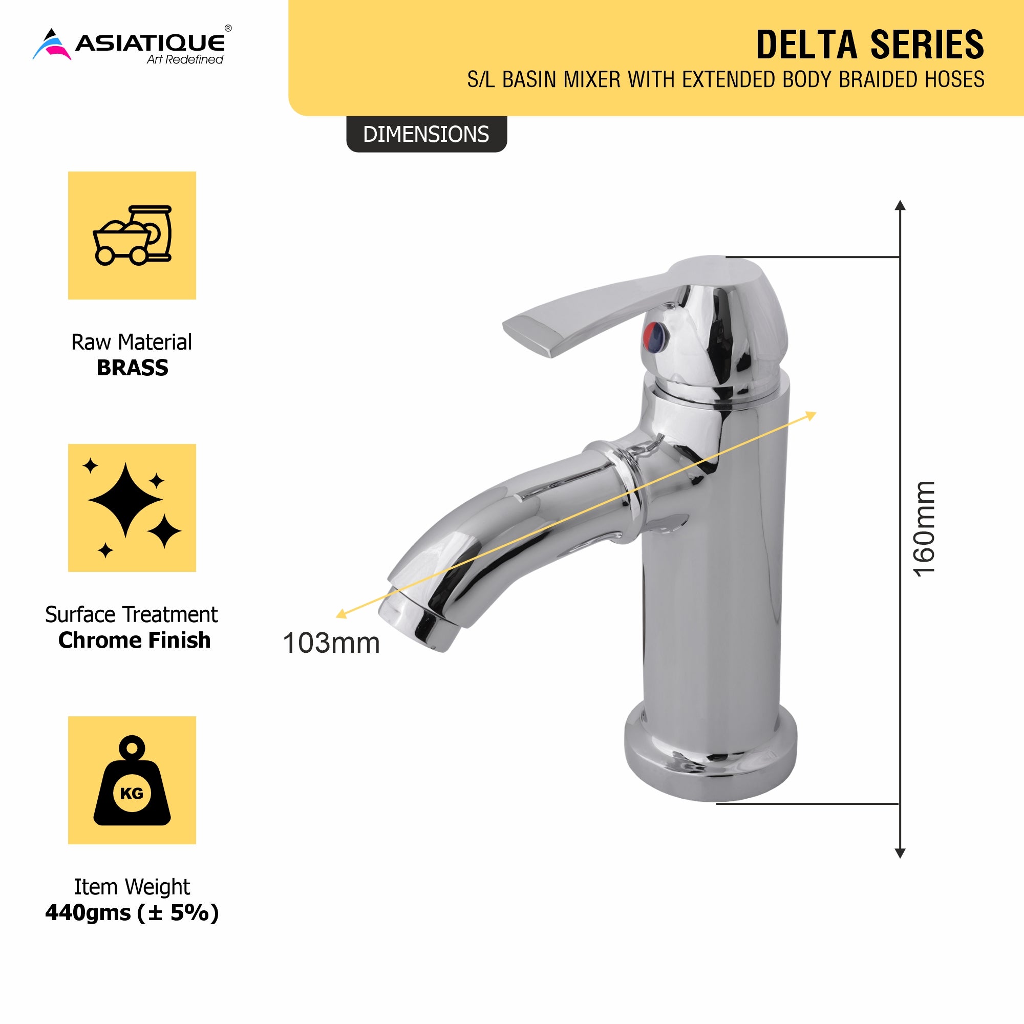 Asiatique S/L Basin Mixer with Extended Body Braided Hoses (D-009EX), Delta Series Premium Brass Bathroom & Kitchen Faucets