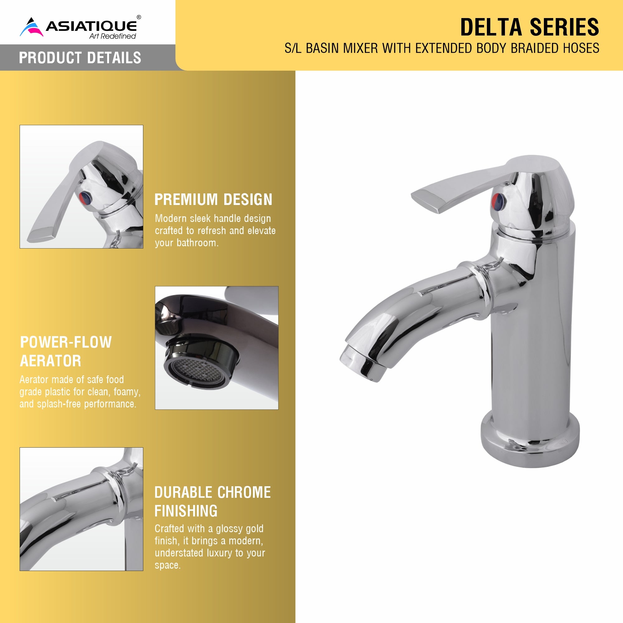 Asiatique S/L Basin Mixer with Extended Body Braided Hoses (D-009EX), Delta Series Premium Brass Bathroom & Kitchen Faucets
