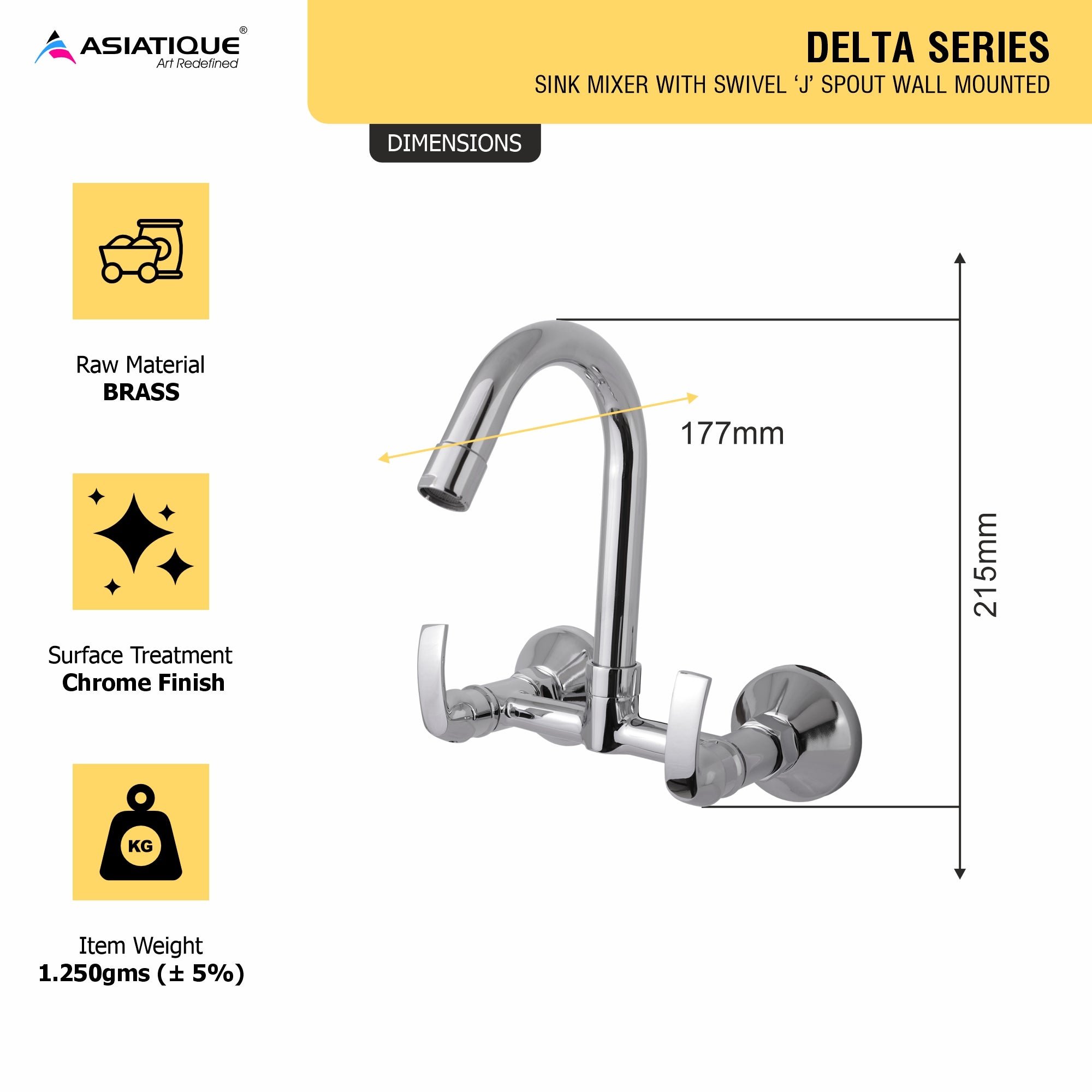 Asiatique S/L Sink Mixer With Swivel 'j' Spout Wall Mounted  (D-013), Delta Series Premium Brass Bathroom & Kitchen Faucets