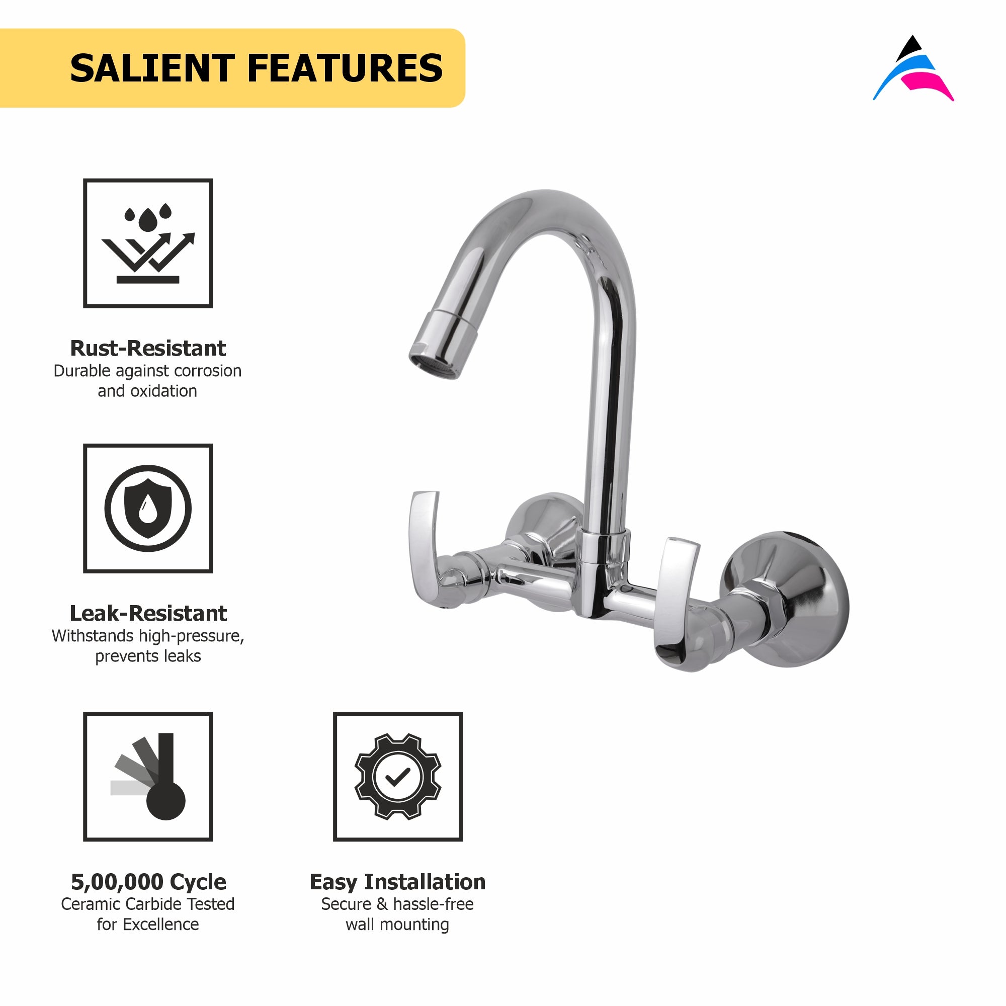 Asiatique S/L Sink Mixer With Swivel 'j' Spout Wall Mounted  (D-013), Delta Series Premium Brass Bathroom & Kitchen Faucets