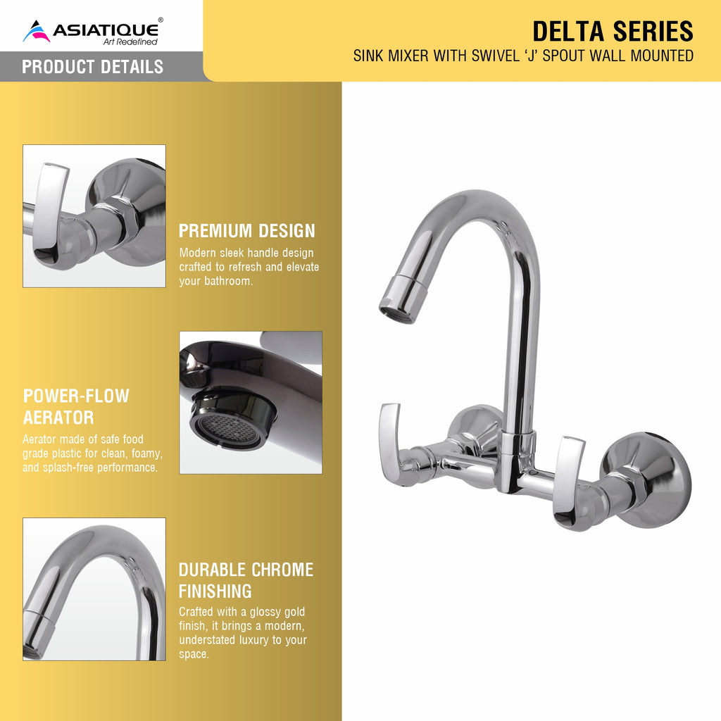 Asiatique S/L Sink Mixer With Swivel 'j' Spout Wall Mounted  (D-013), Delta Series Premium Brass Bathroom & Kitchen Faucets