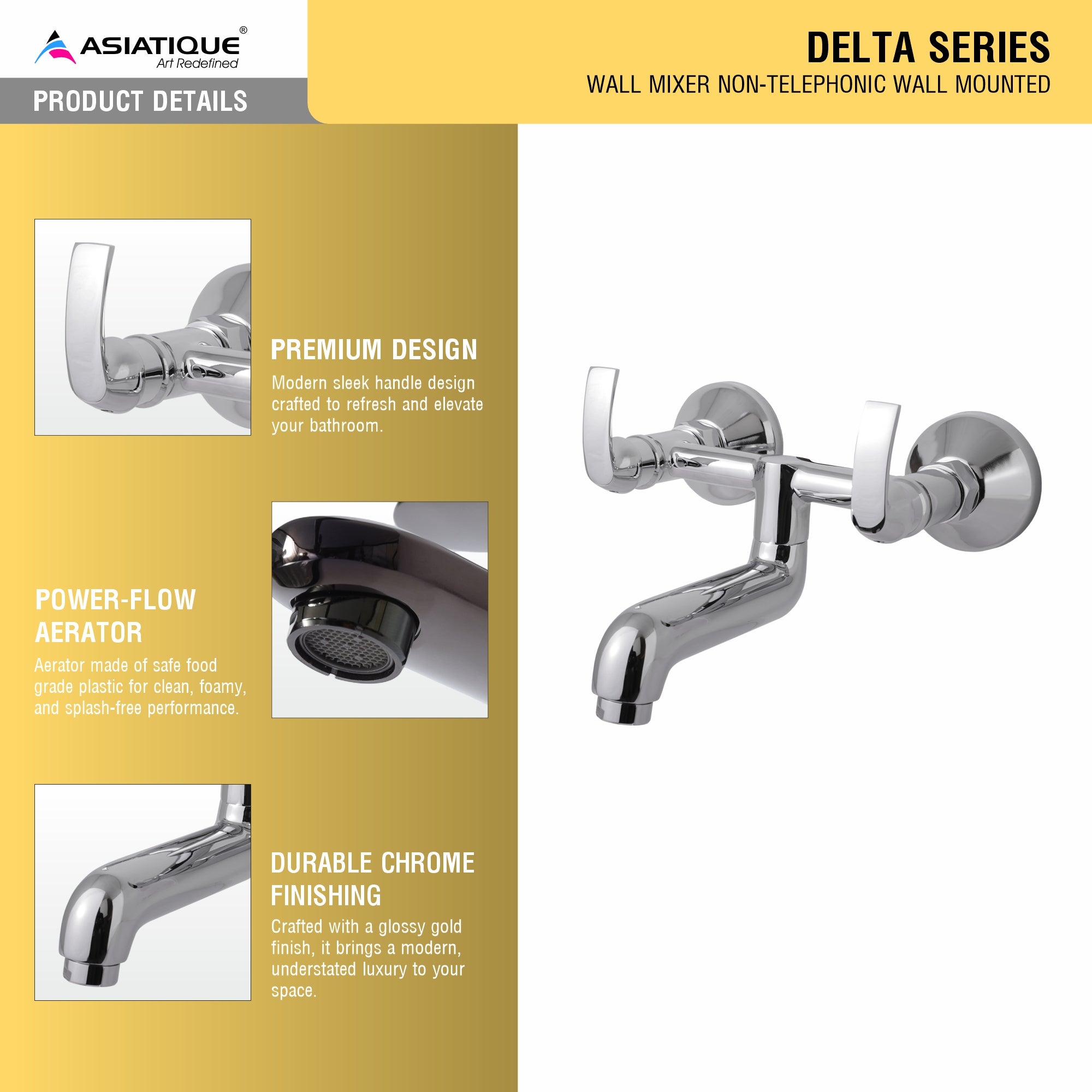 Asiatique S/L Wall Mixer Non-Telephonic Wall Mounted  (D-014), Delta Series Premium Brass Bathroom & Kitchen Faucets