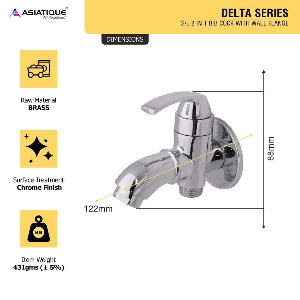 Asiatique S/L 2 in 1 Bib Cock With Wall Flange (D-015,SL), Delta Series Premium Brass Bathroom & Kitchen Faucets