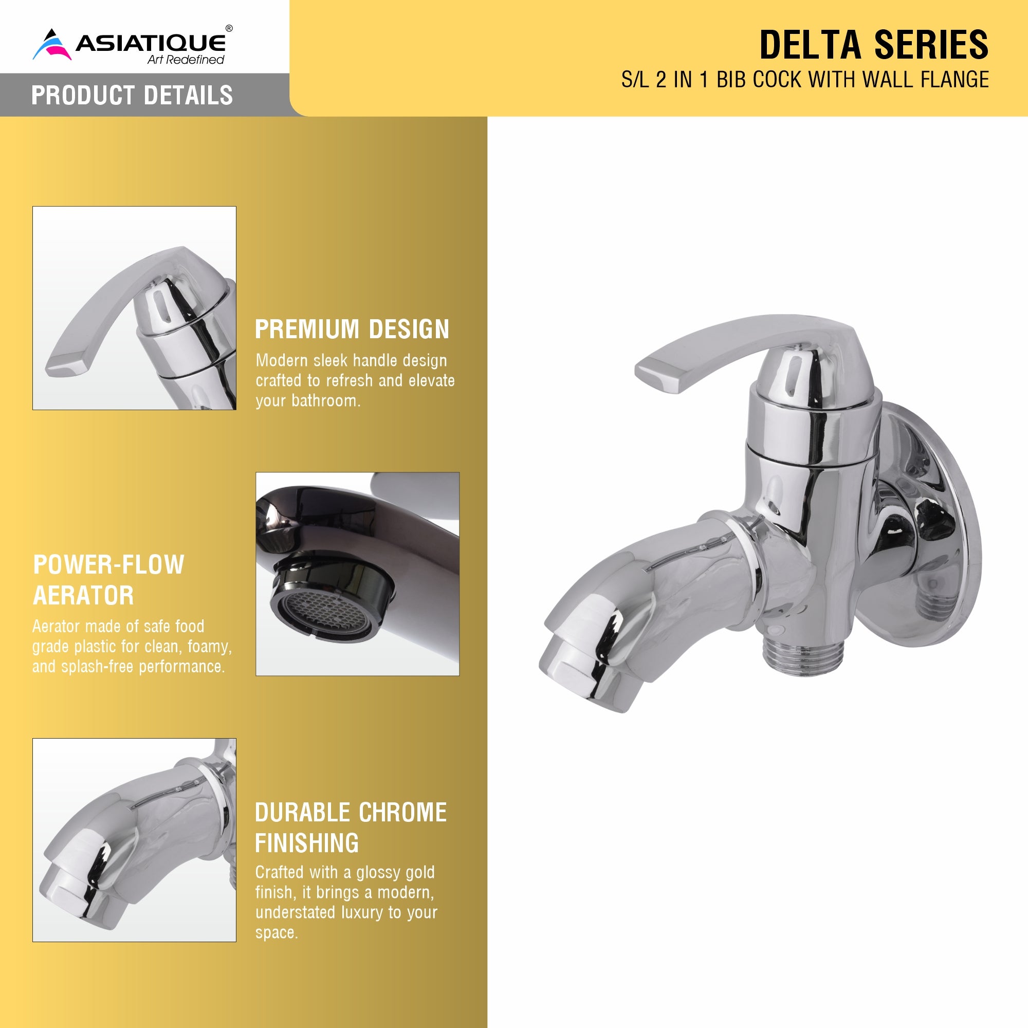 Asiatique S/L 2 in 1 Bib Cock With Wall Flange (D-015,SL), Delta Series Premium Brass Bathroom & Kitchen Faucets