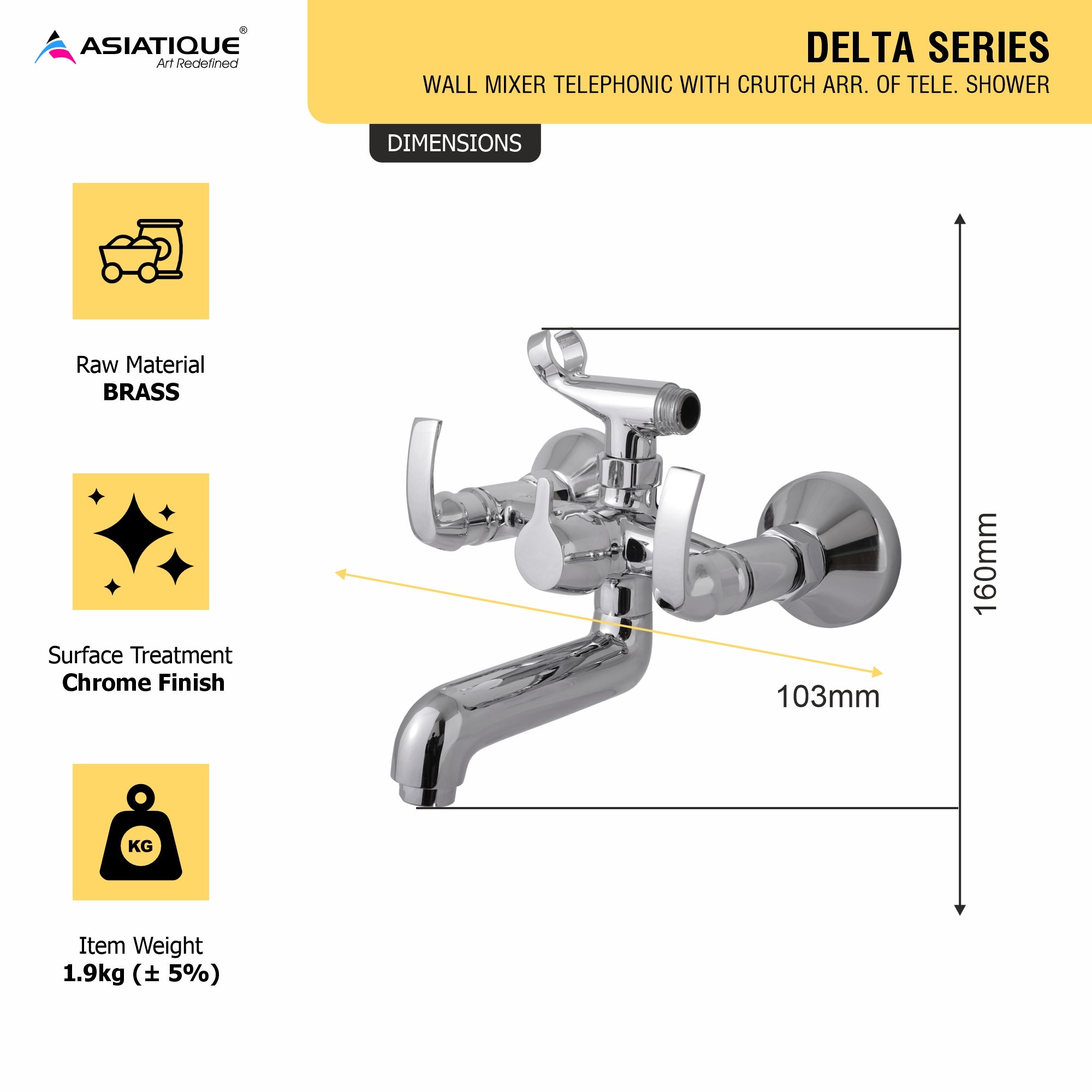 Asiatique S/L Wall Mixer Telephonic With Crutch ARR of Tele Shower  (D-016), Delta Series Premium Brass Bathroom & Kitchen Faucets