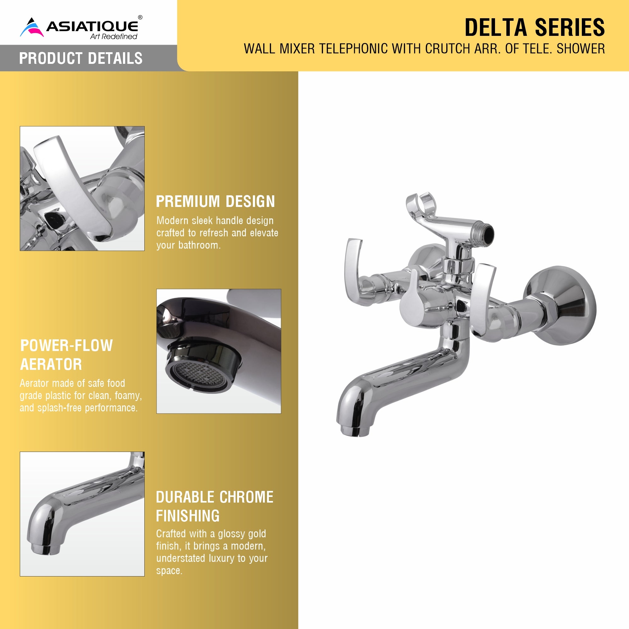 Asiatique S/L Wall Mixer Telephonic With Crutch ARR of Tele Shower  (D-016), Delta Series Premium Brass Bathroom & Kitchen Faucets