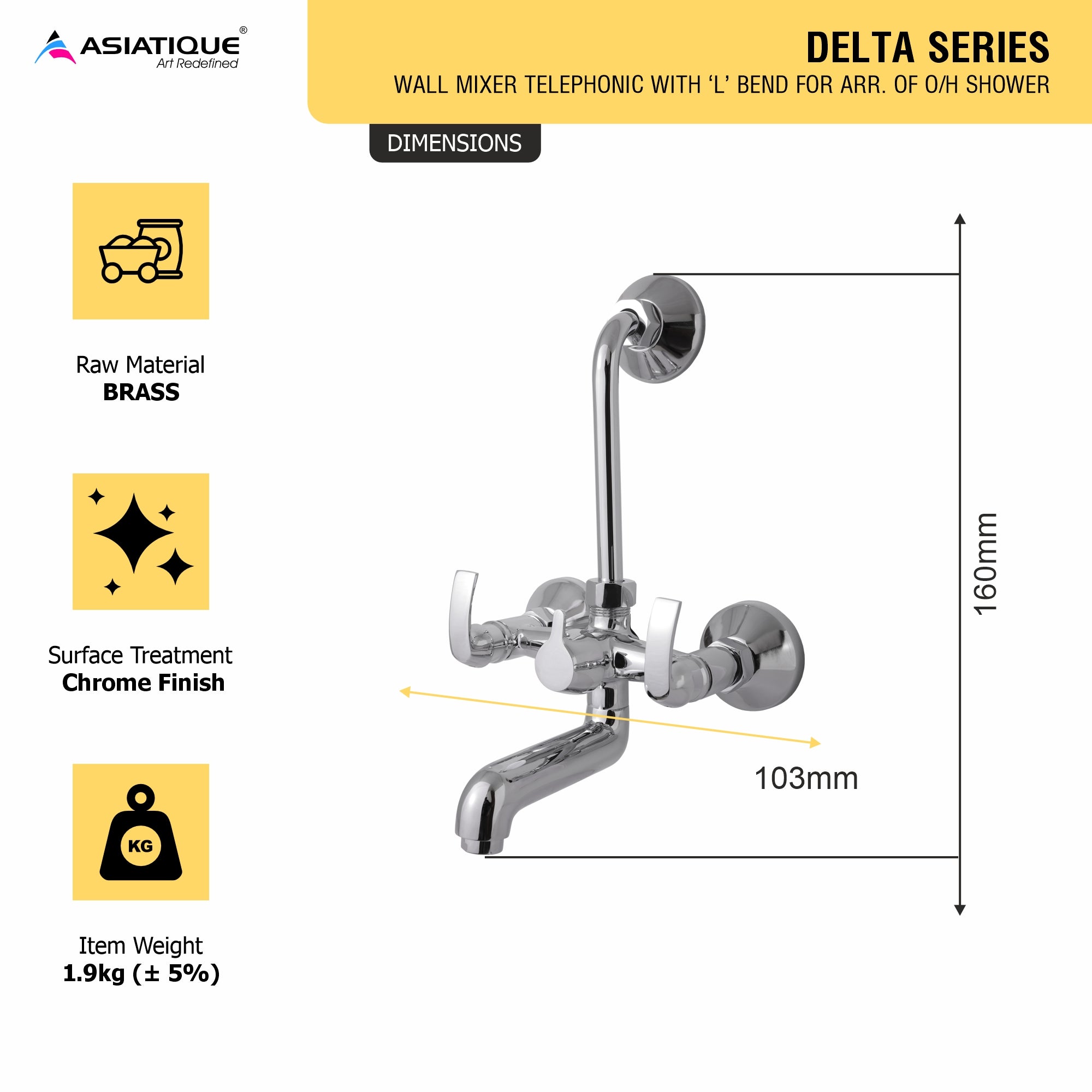 Asiatique S/L Wall Mixer Telephonic With 'L' Bend For ARR of O/H Shower  (D-017), Delta Series Premium Brass Bathroom & Kitchen Faucets