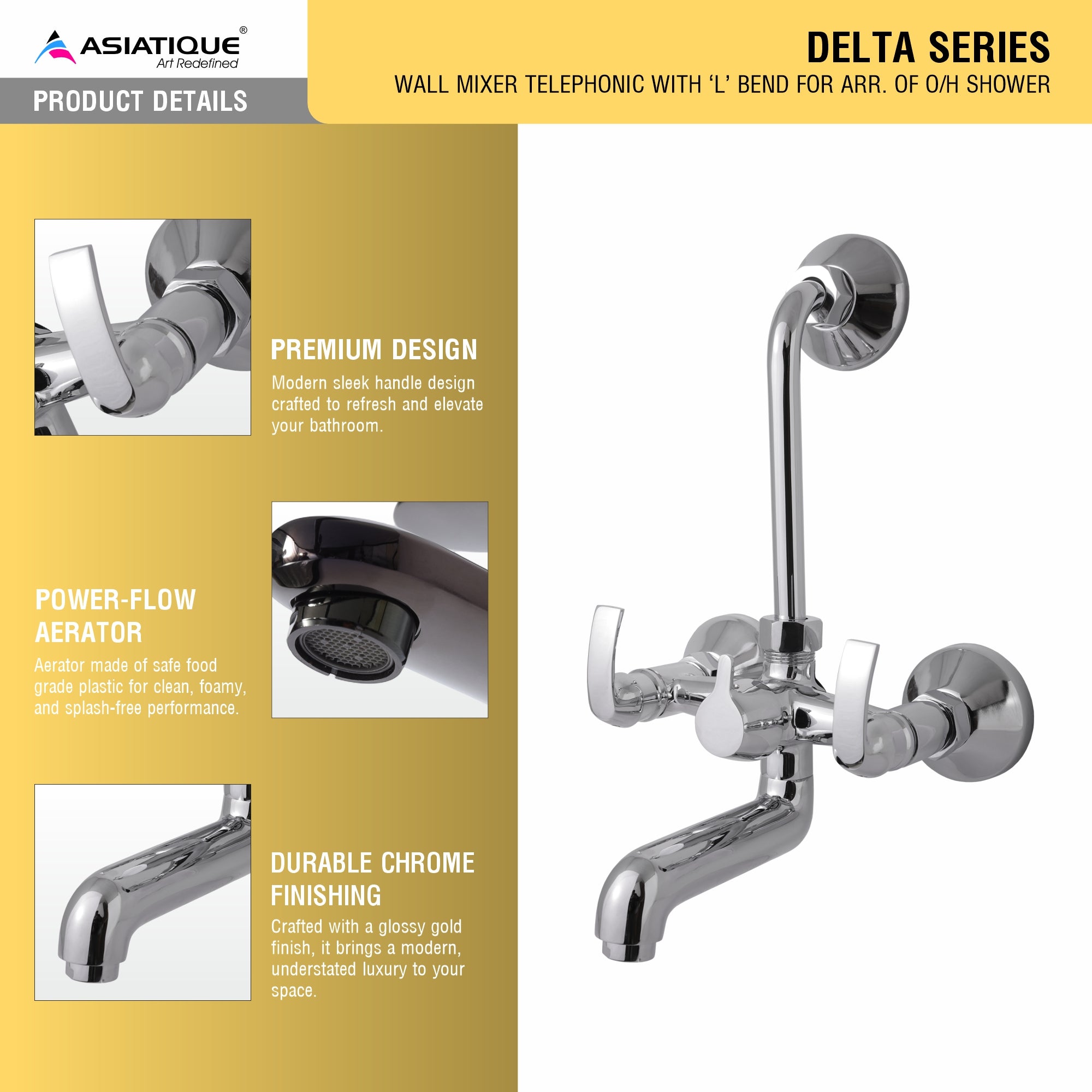 Asiatique S/L Wall Mixer Telephonic With 'L' Bend For ARR of O/H Shower  (D-017), Delta Series Premium Brass Bathroom & Kitchen Faucets