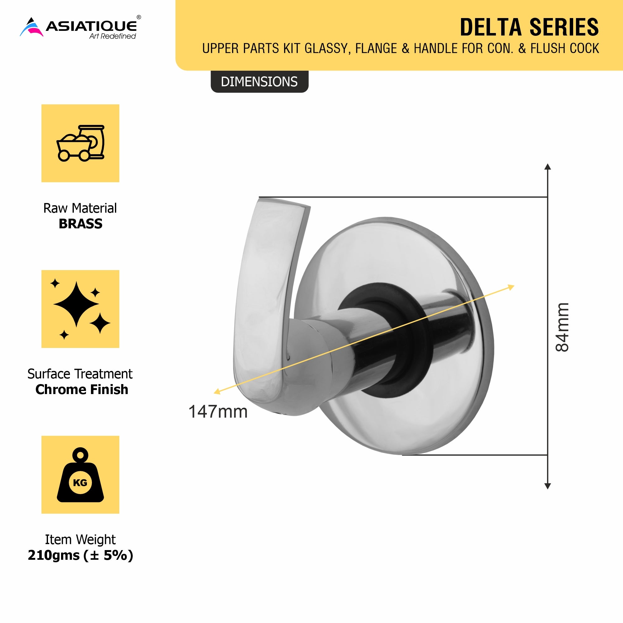 Asiatique Upper Parts Kit Glassy, Flange & Handle For Con . & Flush Cock  (D-021U), Delta Series Premium Brass Bathroom & Kitchen Faucets